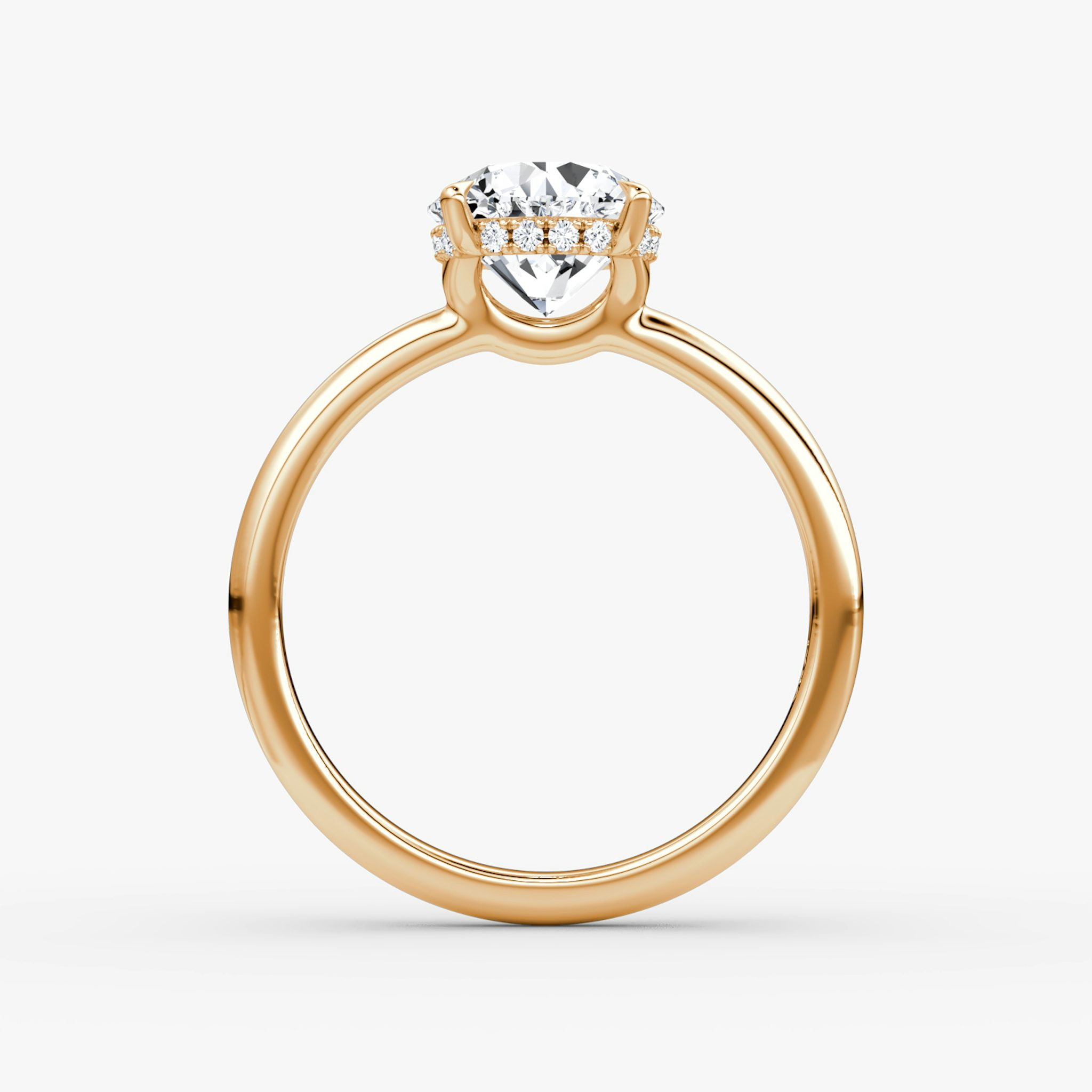 The Signature | Round Brilliant | 14k | Rose Gold | bandAccent: Plain | bandWidth: large | caratWeight: other | hiddenHalo: yes | diamondOrientation: vertical