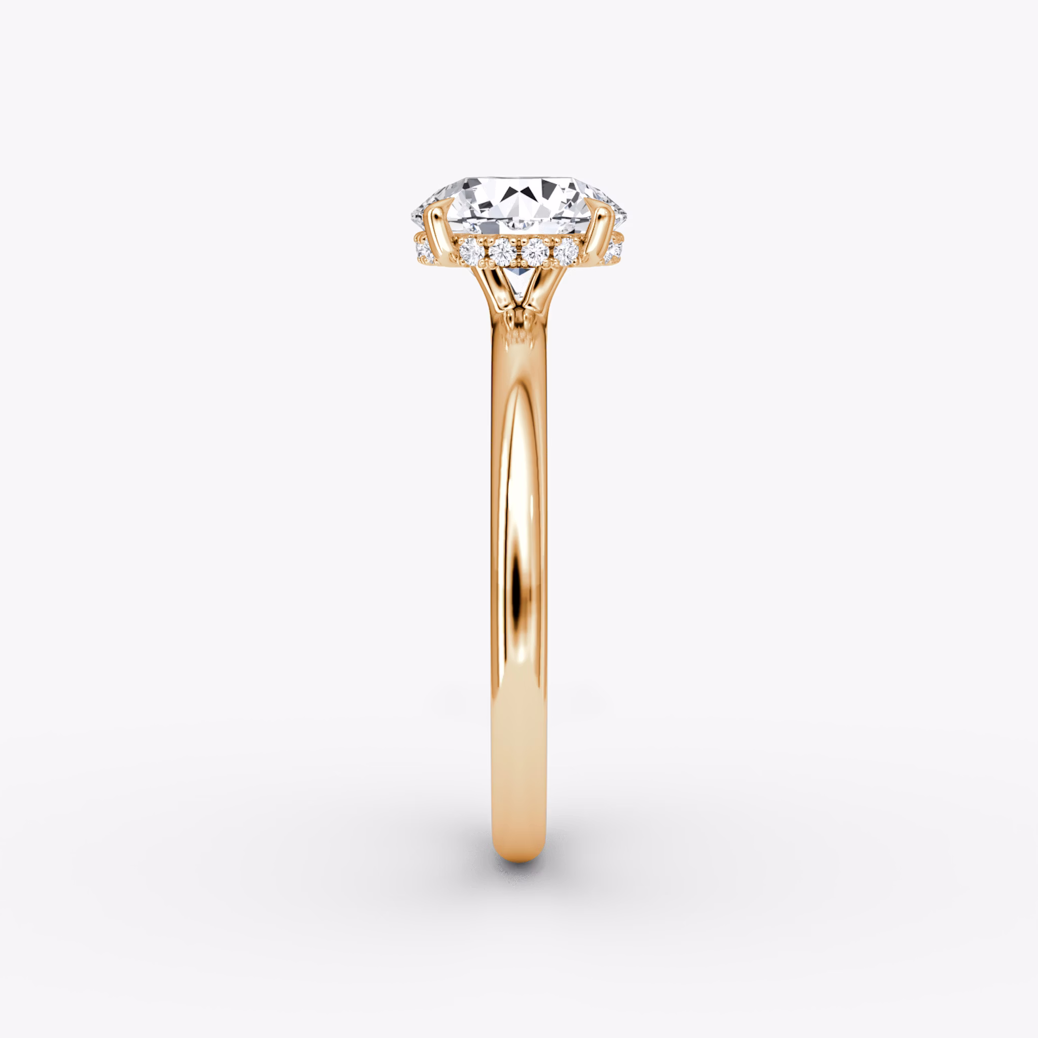 The Signature | Round Brilliant | 14k | Rose Gold | bandAccent: Plain | bandWidth: large | caratWeight: other | hiddenHalo: yes | diamondOrientation: vertical