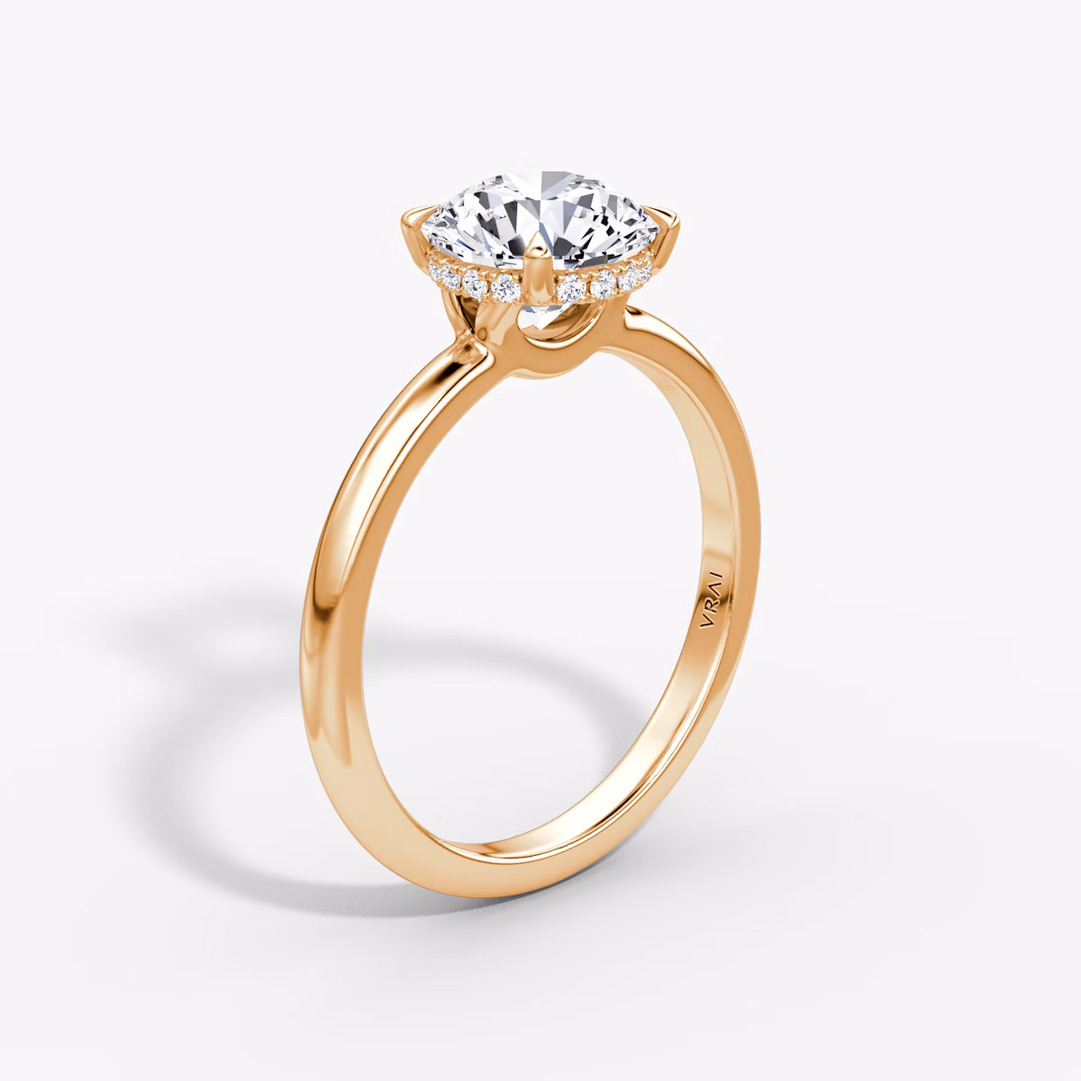 The Signature | Round Brilliant | 14k | Rose Gold | bandAccent: Plain | bandWidth: large | caratWeight: 1.5ct | hiddenHalo: yes | diamondOrientation: vertical