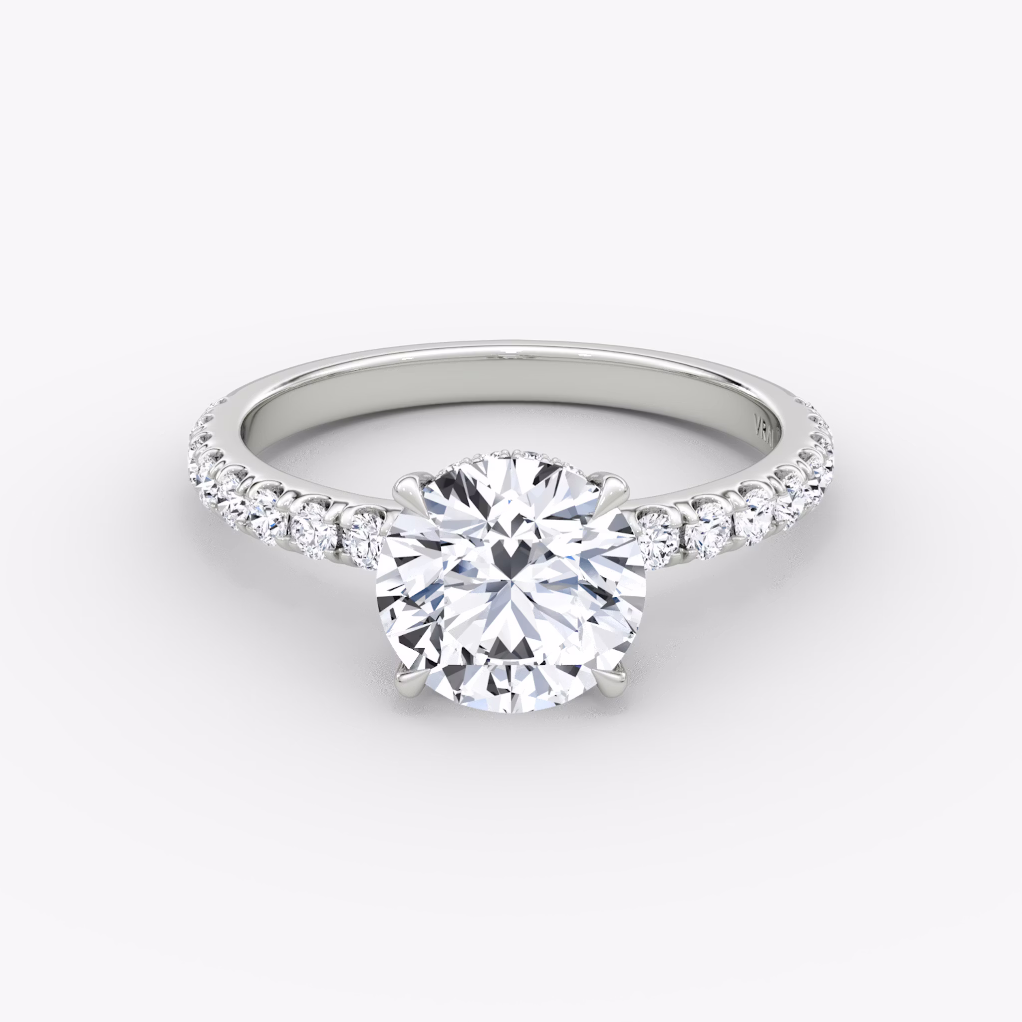 The Signature | Round Brilliant | 18k | White Gold | bandAccent: Pavé | bandWidth: large | caratWeight: other | hiddenHalo: yes | diamondOrientation: vertical