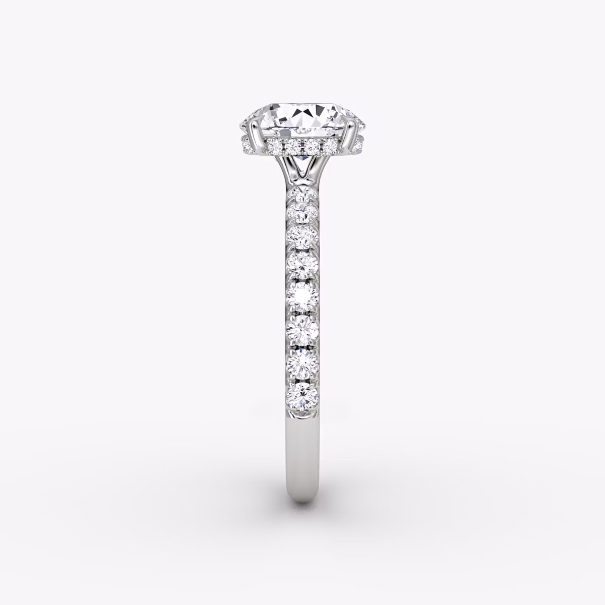 The Signature | Round Brilliant | Platinum | bandAccent: Pavé | bandWidth: large | caratWeight: 1.5ct | hiddenHalo: yes | diamondOrientation: vertical