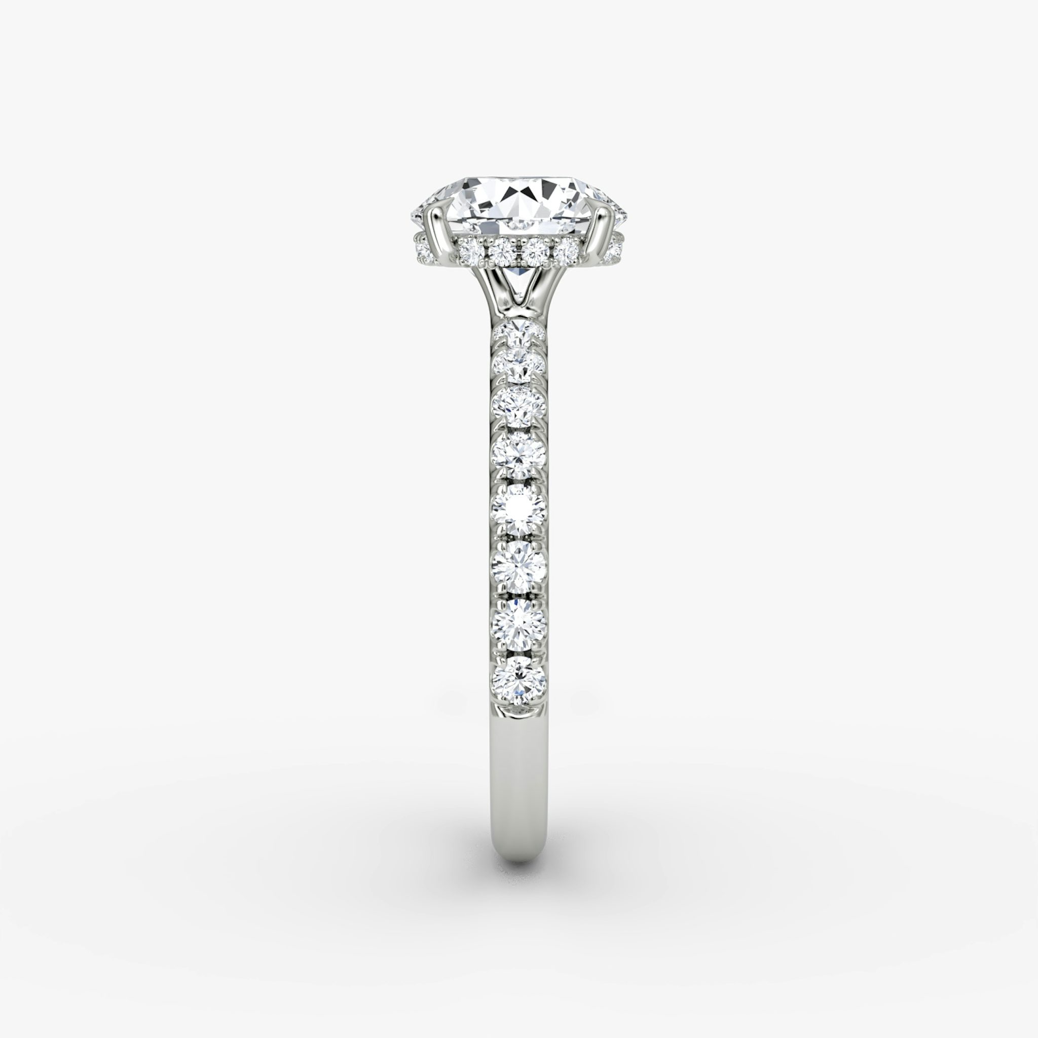 The Signature | Round Brilliant | 18k | White Gold | bandAccent: Pavé | bandWidth: large | caratWeight: other | hiddenHalo: yes | diamondOrientation: vertical
