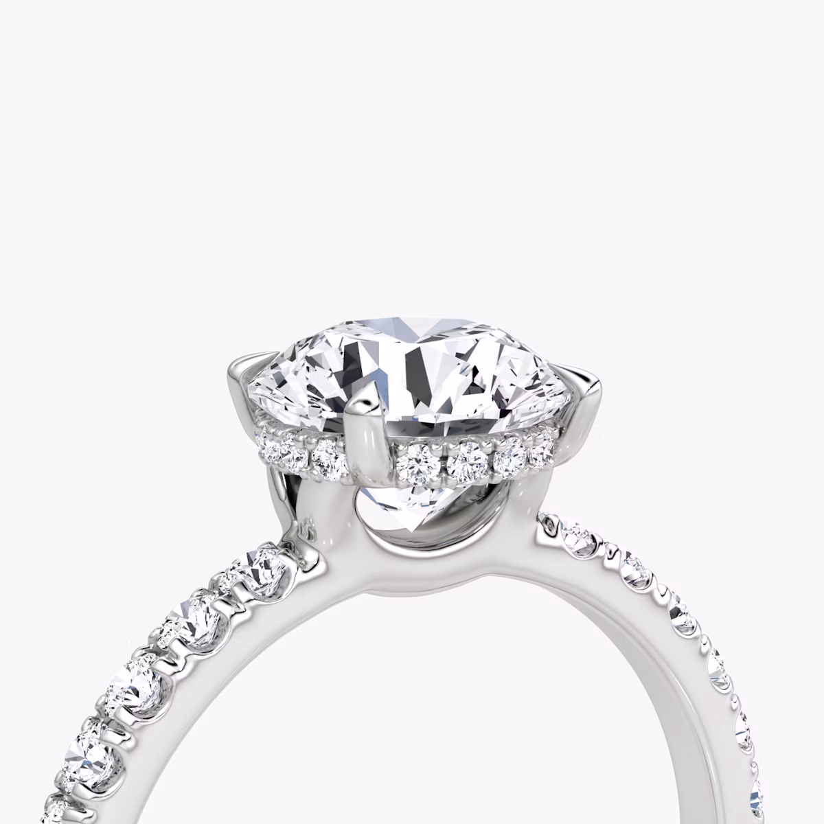 The Signature | Round Brilliant | Platinum | bandAccent: Pavé | bandWidth: large | caratWeight: 1.5ct | hiddenHalo: yes | diamondOrientation: vertical