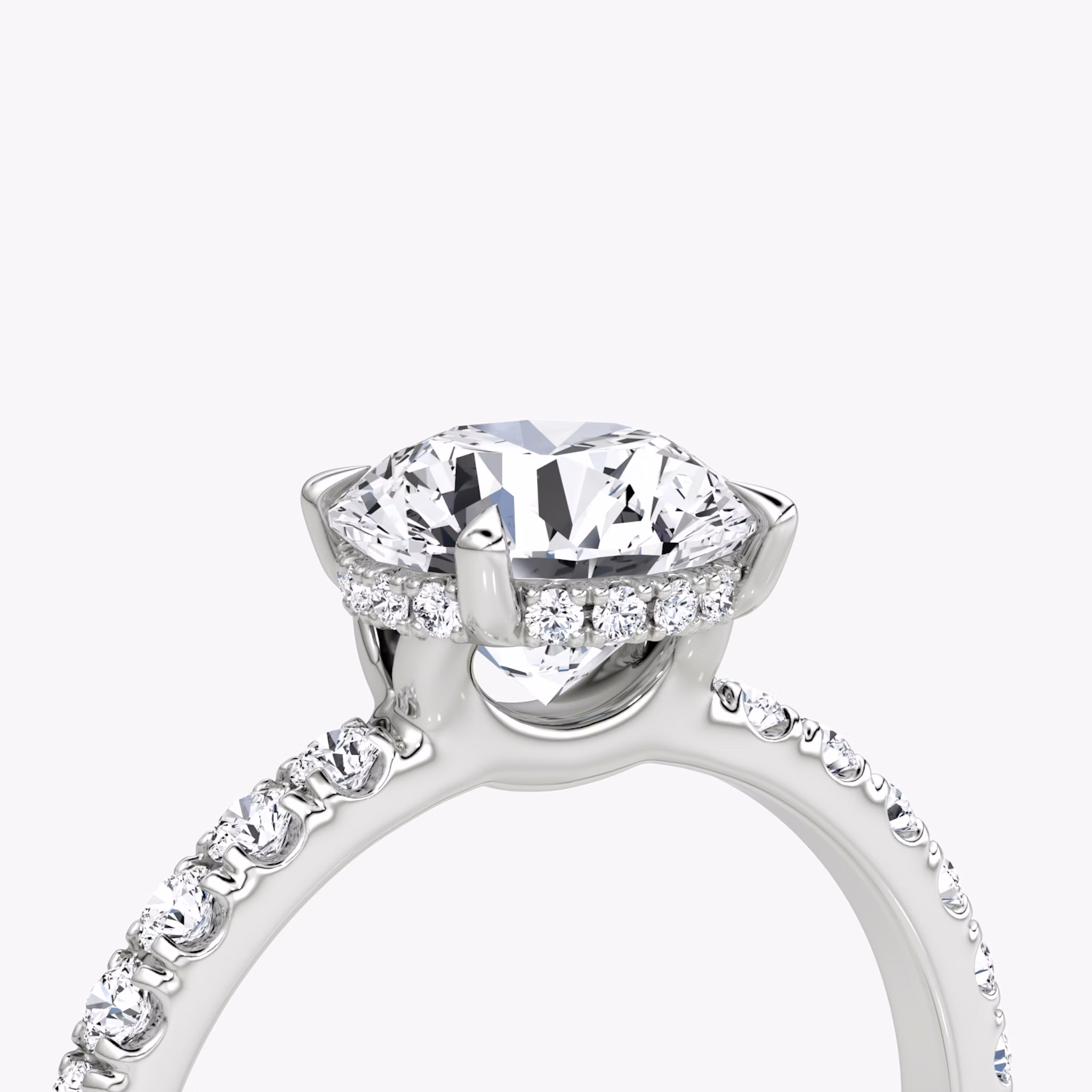 The Signature | Round Brilliant | 18k | White Gold | bandAccent: Pavé | bandWidth: large | caratWeight: other | hiddenHalo: yes | diamondOrientation: vertical