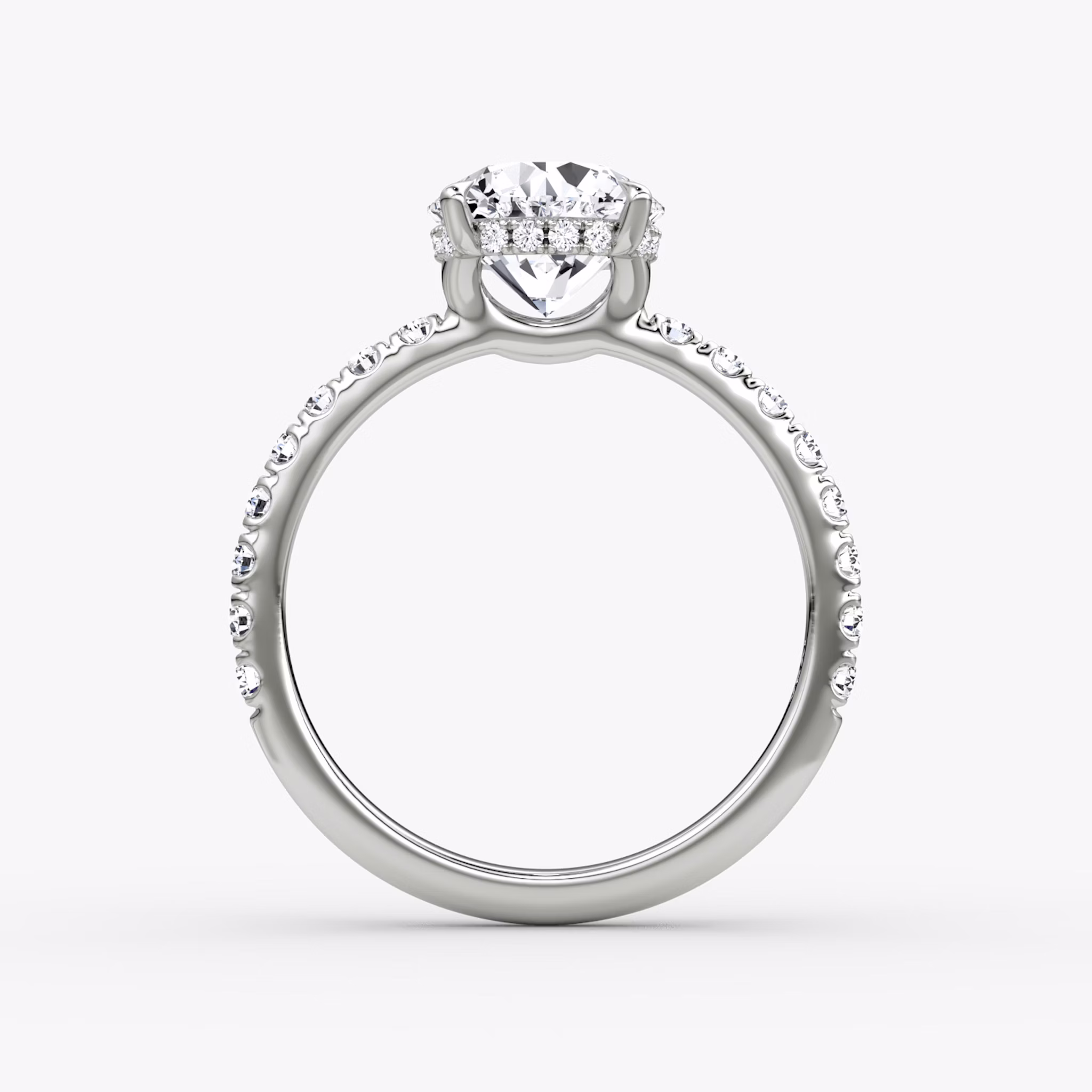 The Signature | Round Brilliant | 18k | White Gold | bandAccent: Pavé | bandWidth: large | caratWeight: other | hiddenHalo: yes | diamondOrientation: vertical