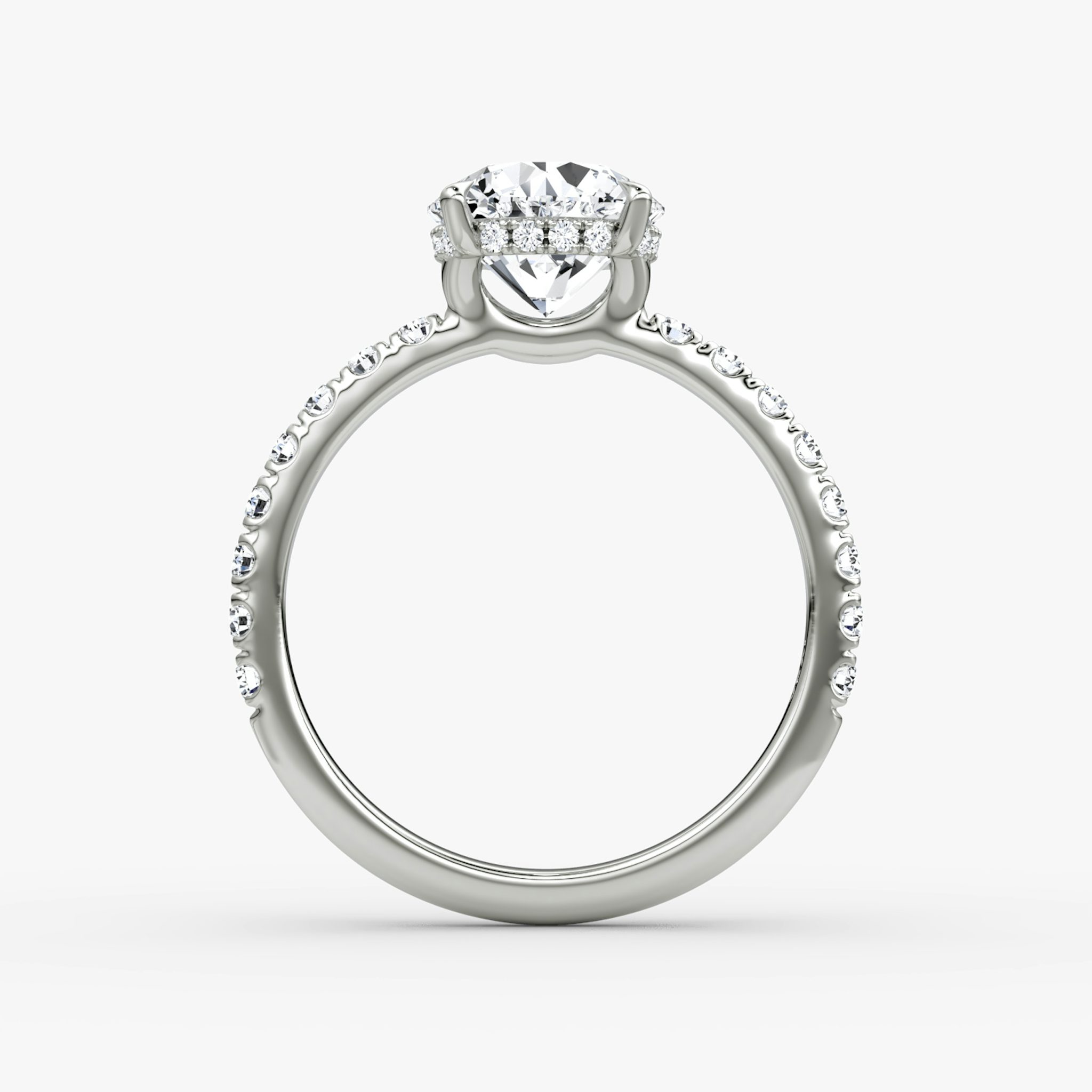 The Signature | Round Brilliant | 18k | White Gold | bandAccent: Pavé | bandWidth: large | caratWeight: other | hiddenHalo: yes | diamondOrientation: vertical