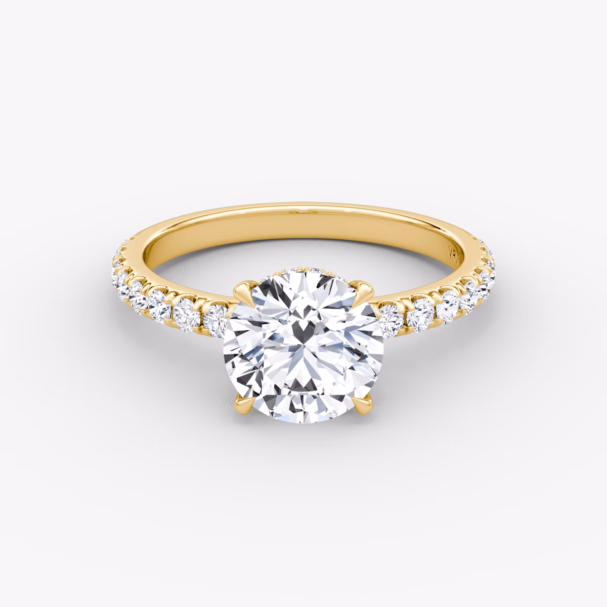 The Signature | Round Brilliant | 18k | Yellow Gold | bandAccent: Pavé | bandWidth: large | caratWeight: other | hiddenHalo: yes | diamondOrientation: vertical