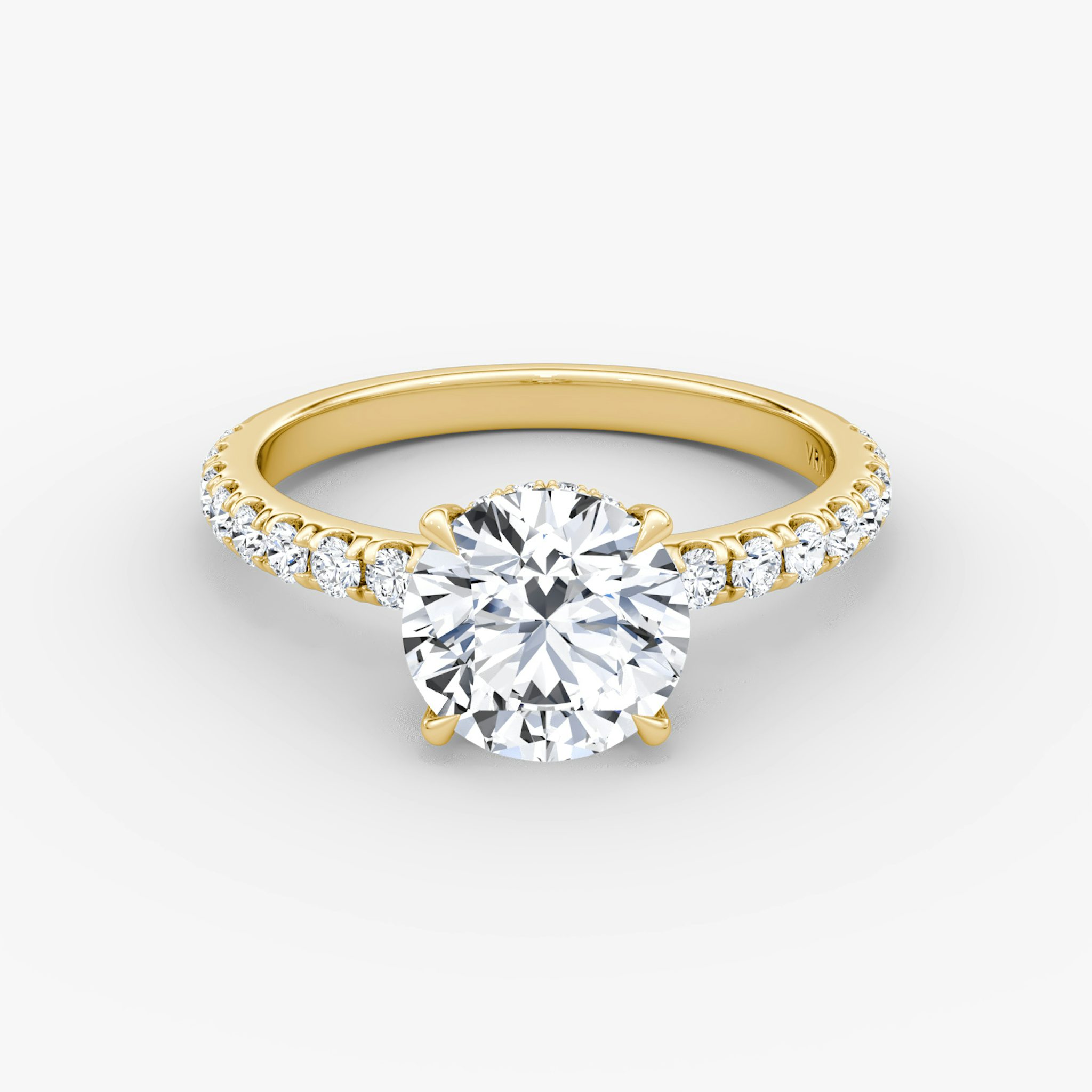 The Signature | Round Brilliant | 18k | Yellow Gold | bandAccent: Pavé | bandWidth: large | caratWeight: other | hiddenHalo: yes | diamondOrientation: vertical