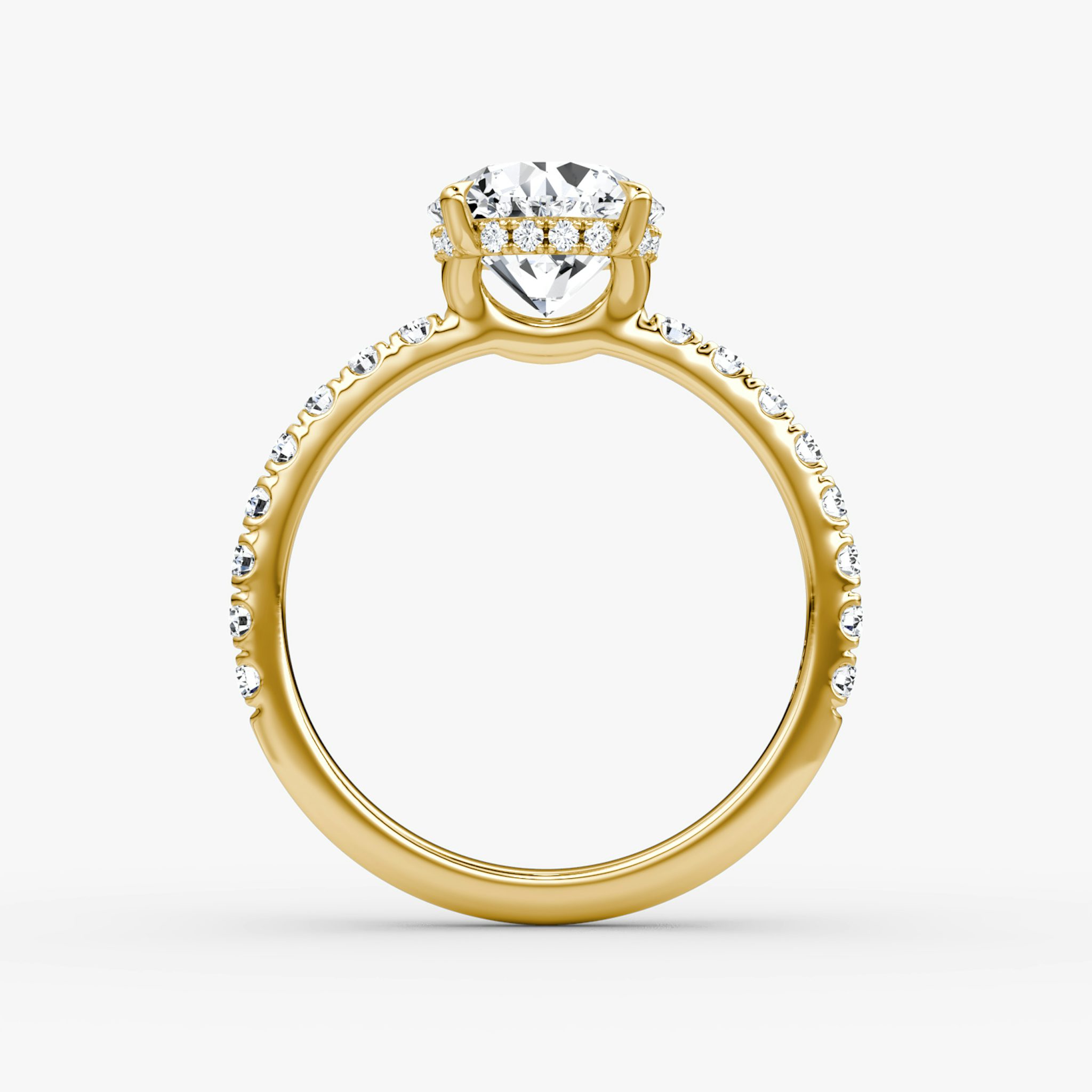 The Signature | Round Brilliant | 18k | Yellow Gold | bandAccent: Pavé | bandWidth: large | caratWeight: other | hiddenHalo: yes | diamondOrientation: vertical