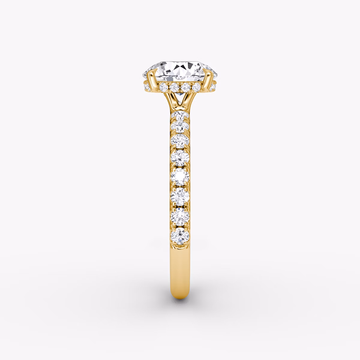 The Signature | Round Brilliant | 18k | Yellow Gold | bandAccent: Pavé | bandWidth: large | caratWeight: other | hiddenHalo: yes | diamondOrientation: vertical