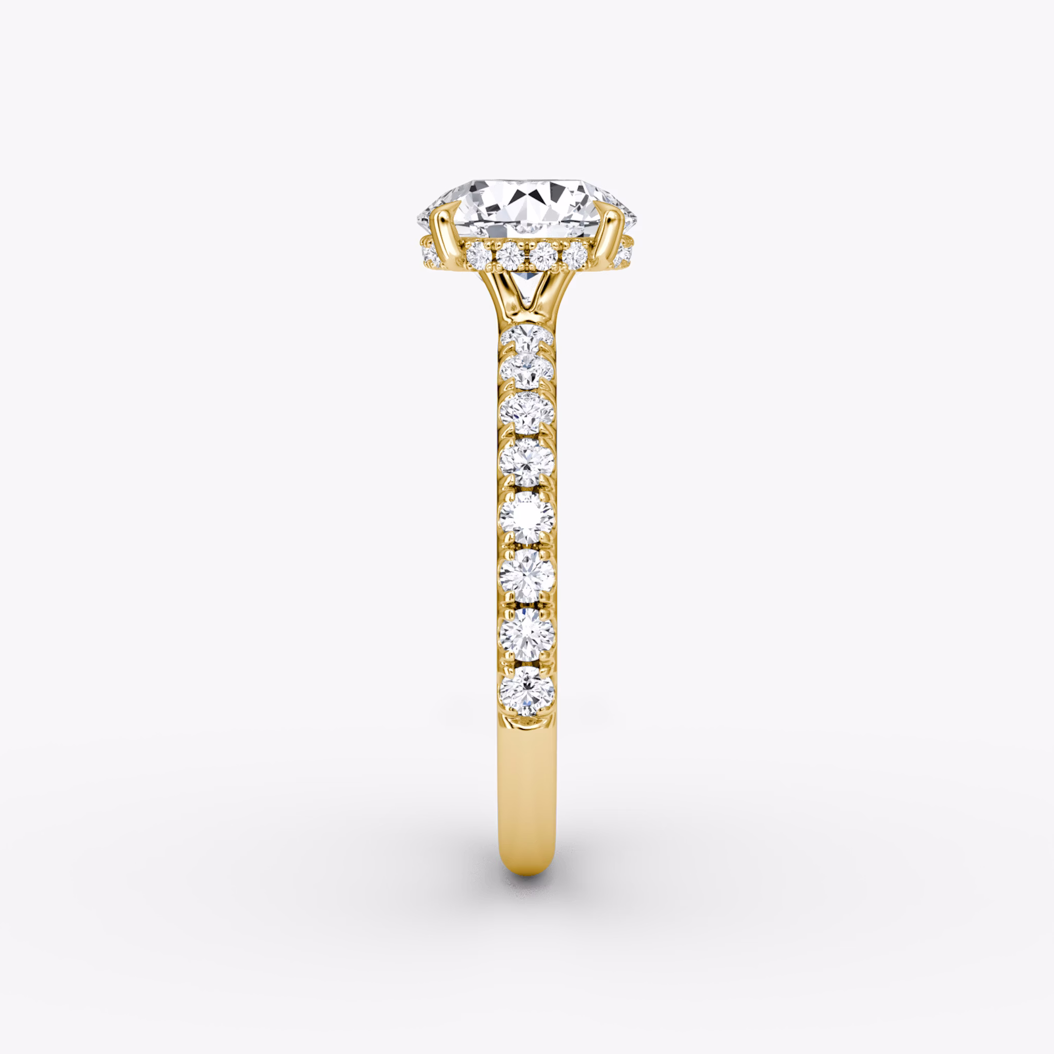 The Signature | Round Brilliant | 18k | Yellow Gold | bandAccent: Pavé | bandWidth: large | caratWeight: other | hiddenHalo: yes | diamondOrientation: vertical