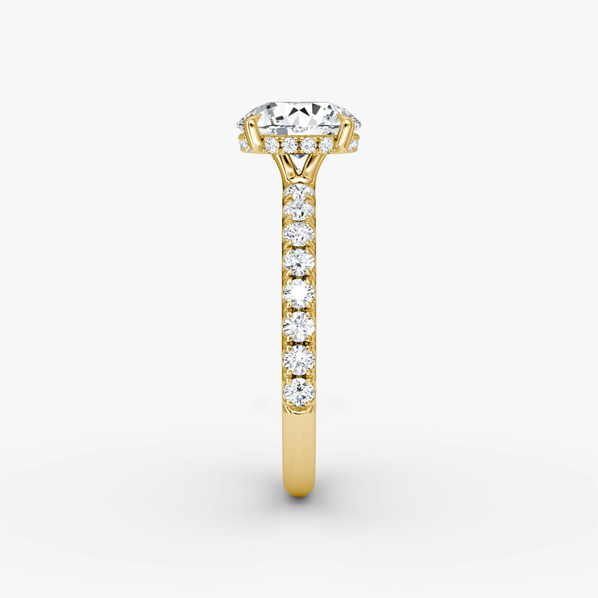 The Signature | Round Brilliant | 18k | Yellow Gold | bandAccent: Pavé | bandWidth: large | caratWeight: other | hiddenHalo: yes | diamondOrientation: vertical