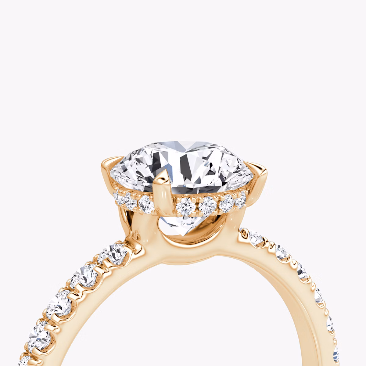 The Signature | Round Brilliant | 14k | Rose Gold | bandAccent: Pavé | bandWidth: large | caratWeight: other | hiddenHalo: yes | diamondOrientation: horizontal