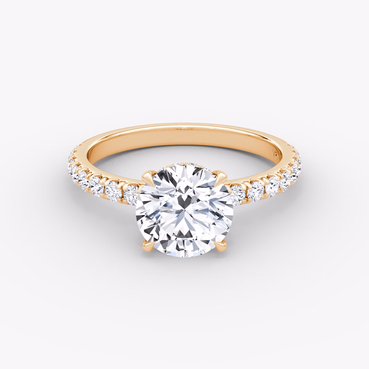 The Signature | Round Brilliant | 14k | Rose Gold | bandAccent: Pavé | bandWidth: large | caratWeight: other | hiddenHalo: yes | diamondOrientation: horizontal