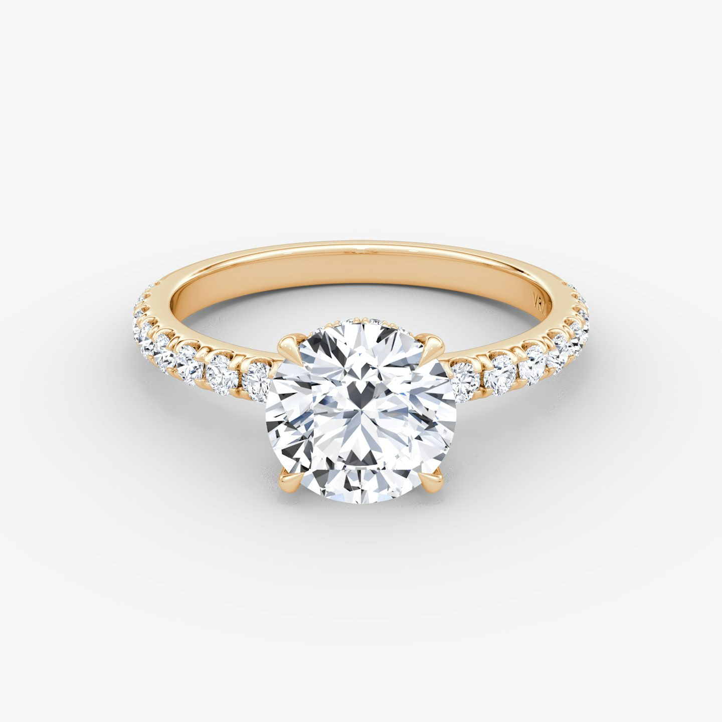 The Signature | Round Brilliant | 14k | Rose Gold | bandAccent: Pavé | bandWidth: large | caratWeight: 1.5ct | hiddenHalo: yes | diamondOrientation: vertical