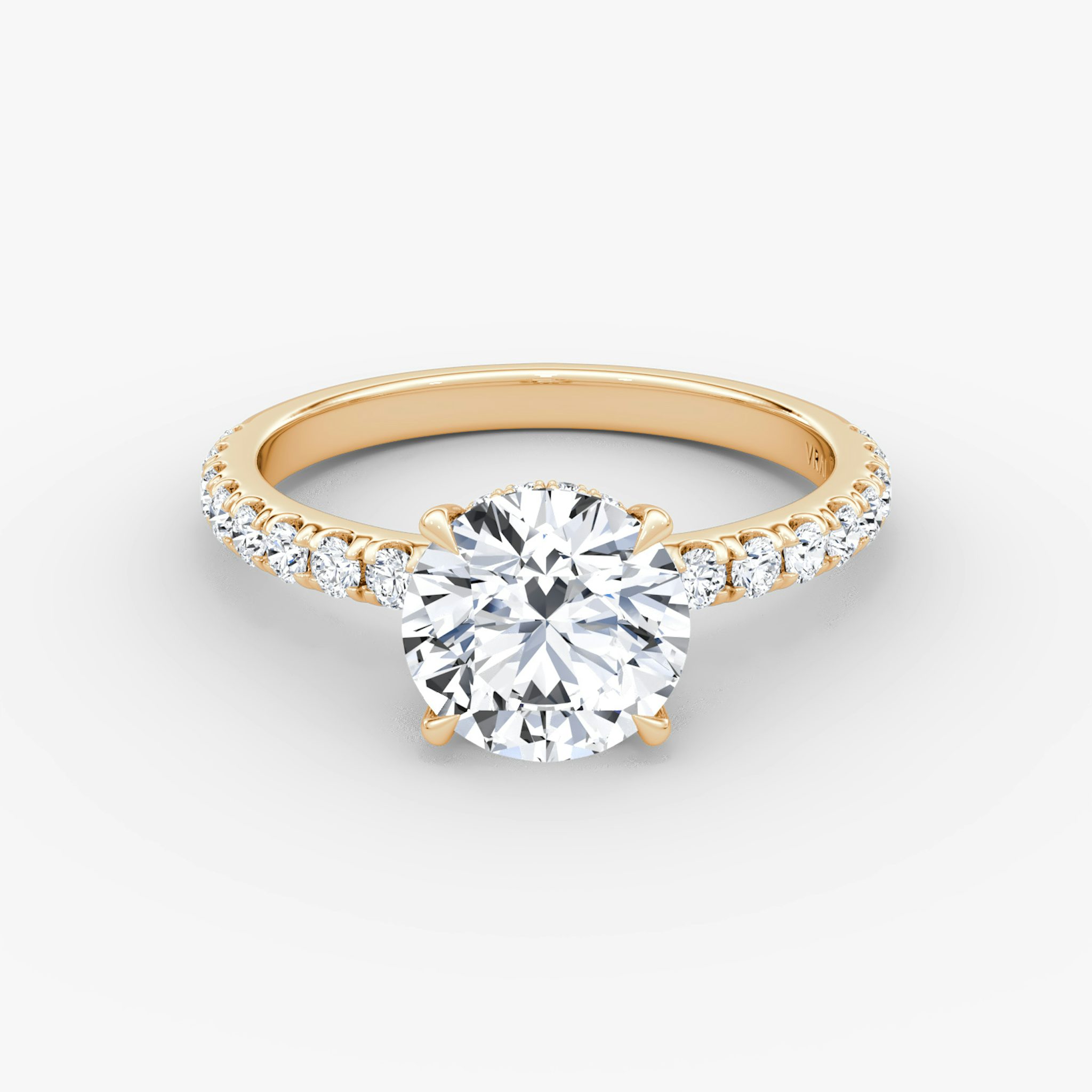 The Signature | Round Brilliant | 14k | Rose Gold | bandAccent: Pavé | bandWidth: large | caratWeight: other | hiddenHalo: yes | diamondOrientation: vertical