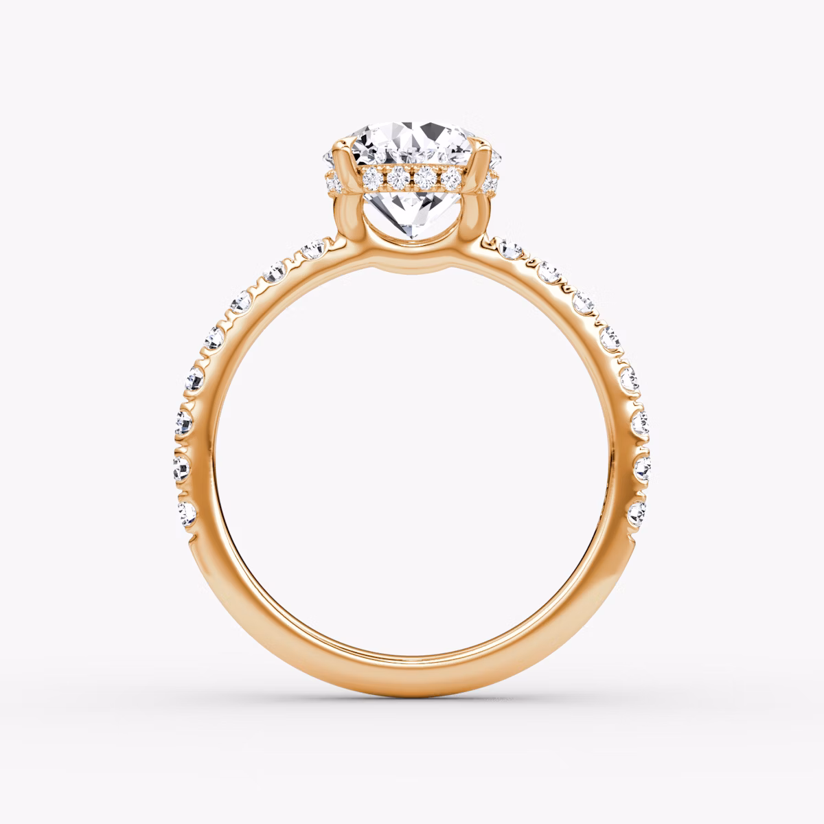 The Signature | Round Brilliant | 14k | Rose Gold | bandAccent: Pavé | bandWidth: large | caratWeight: other | hiddenHalo: yes | diamondOrientation: horizontal