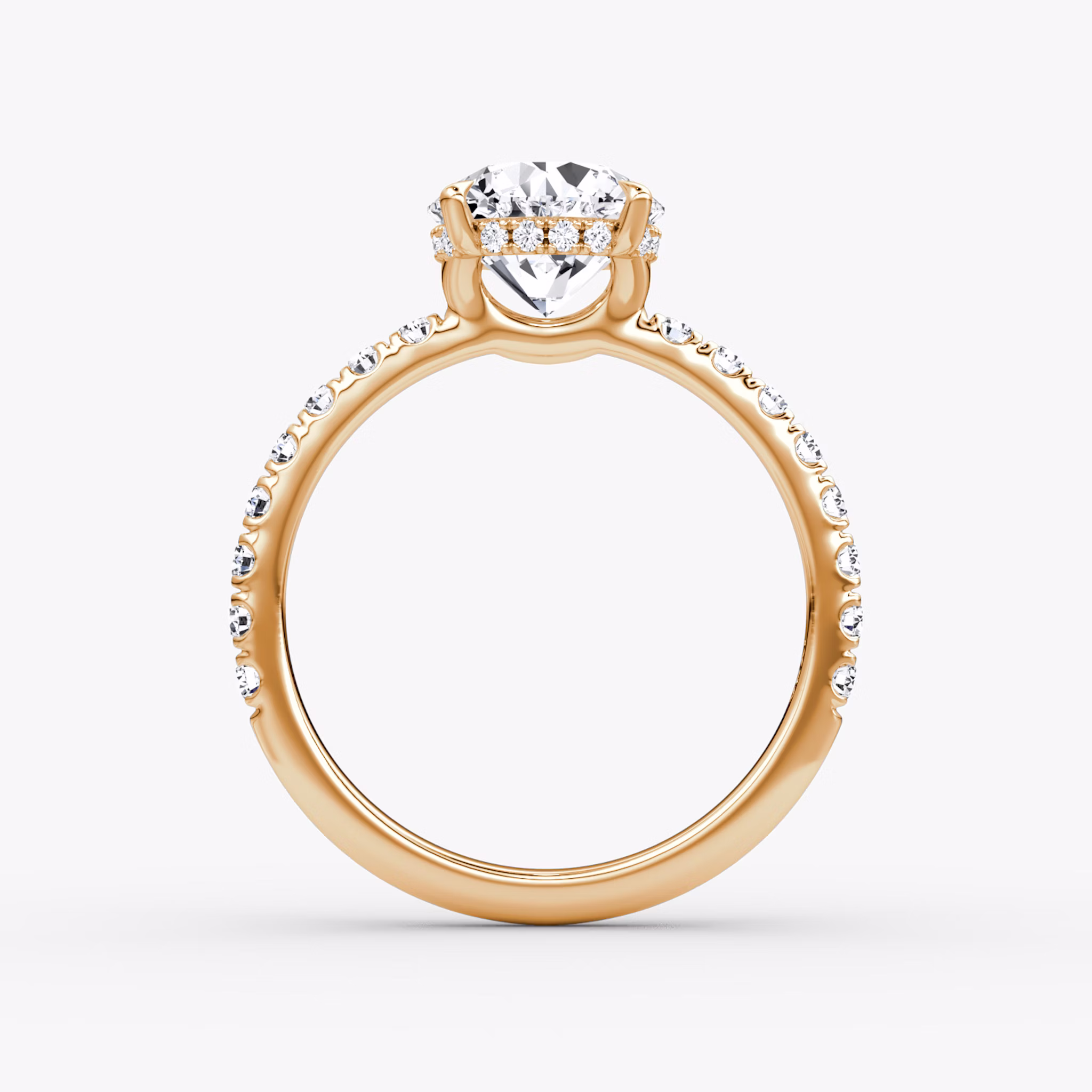 The Signature | Round Brilliant | 14k | Rose Gold | bandAccent: Pavé | bandWidth: large | caratWeight: other | hiddenHalo: yes | diamondOrientation: vertical