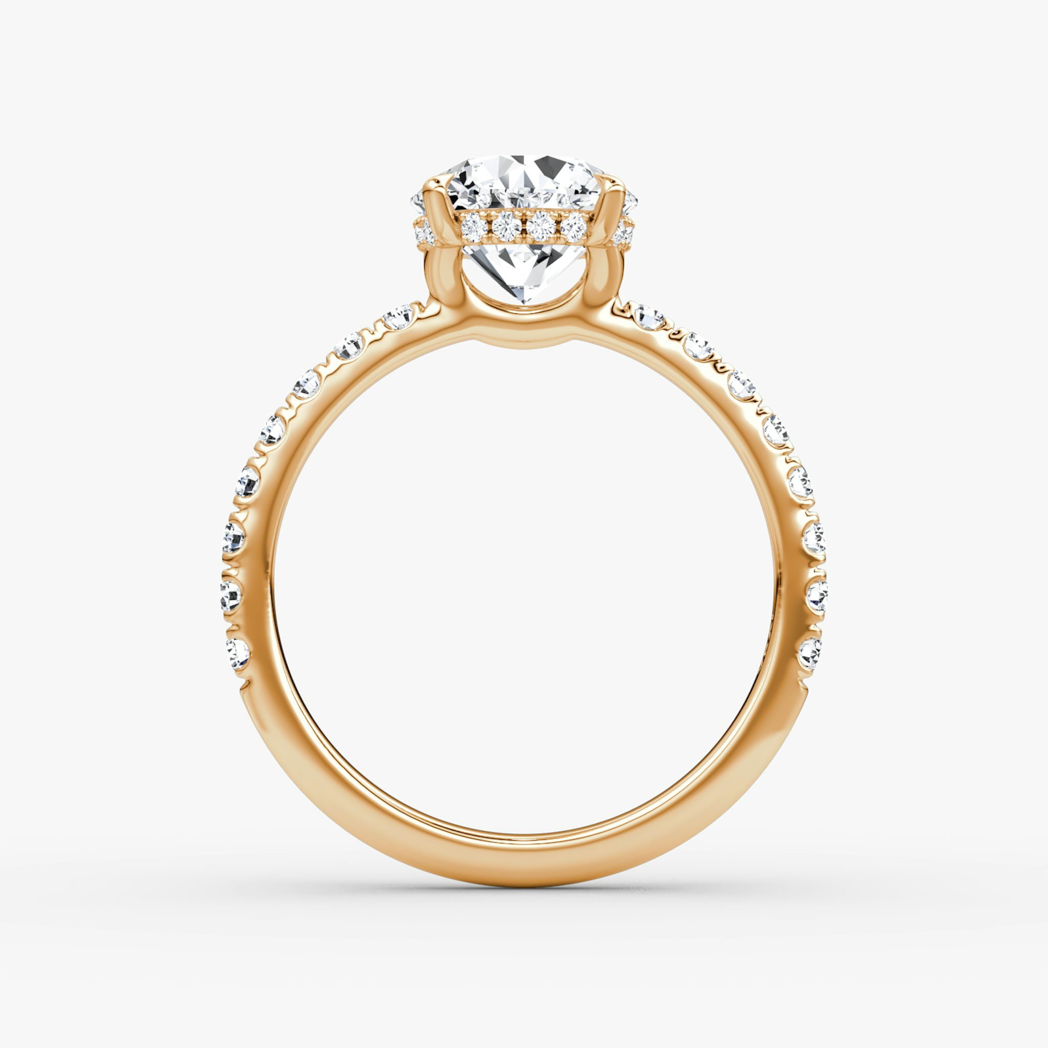 The Signature | Round Brilliant | 14k | Rose Gold | bandAccent: Pavé | bandWidth: large | caratWeight: other | hiddenHalo: yes | diamondOrientation: vertical