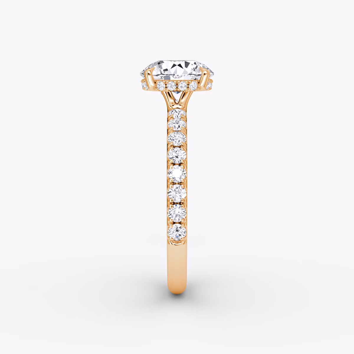 The Signature | Round Brilliant | 14k | Rose Gold | bandAccent: Pavé | bandWidth: large | caratWeight: other | hiddenHalo: yes | diamondOrientation: horizontal