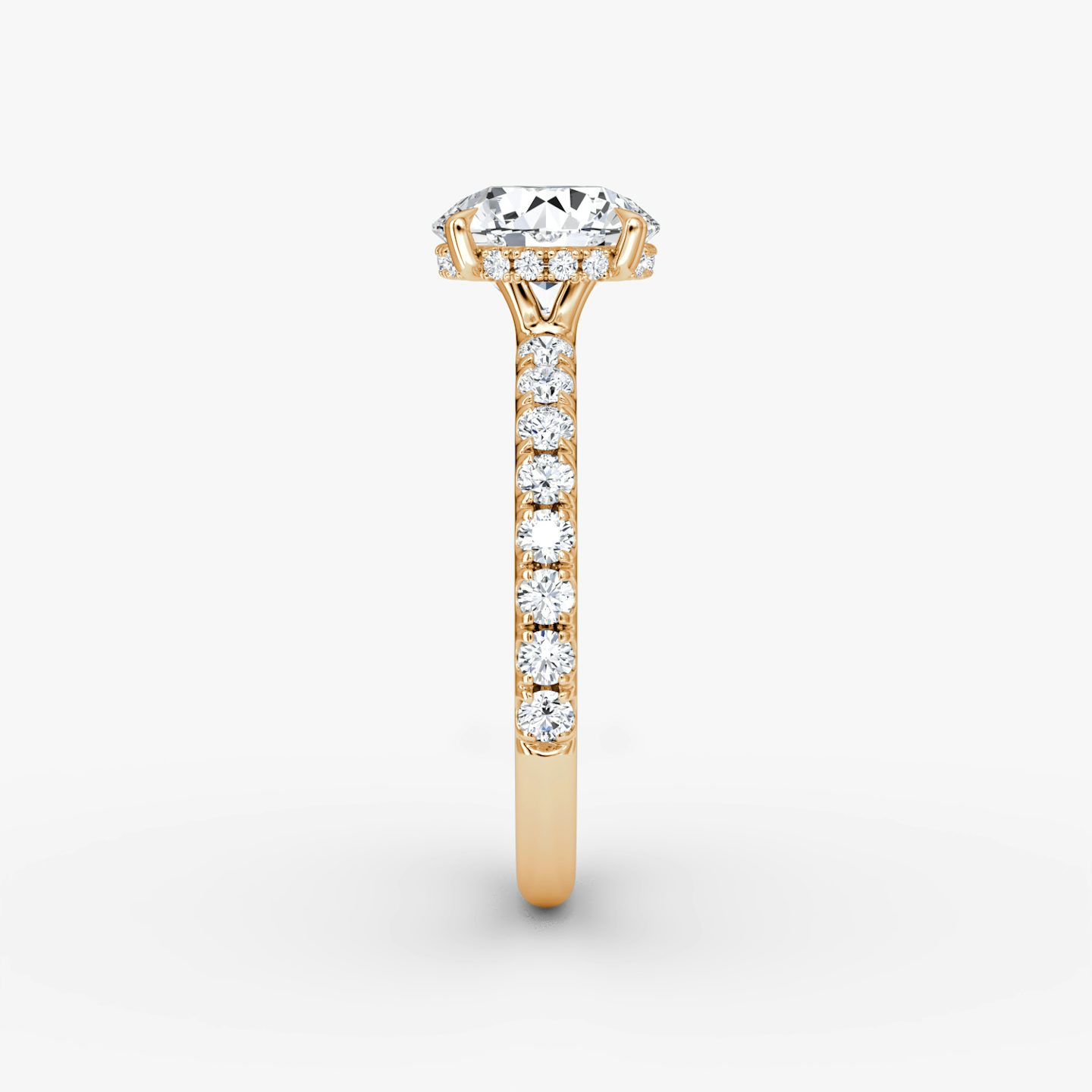 The Signature | Round Brilliant | 14k | Rose Gold | bandAccent: Pavé | bandWidth: large | caratWeight: 1.5ct | hiddenHalo: yes | diamondOrientation: vertical