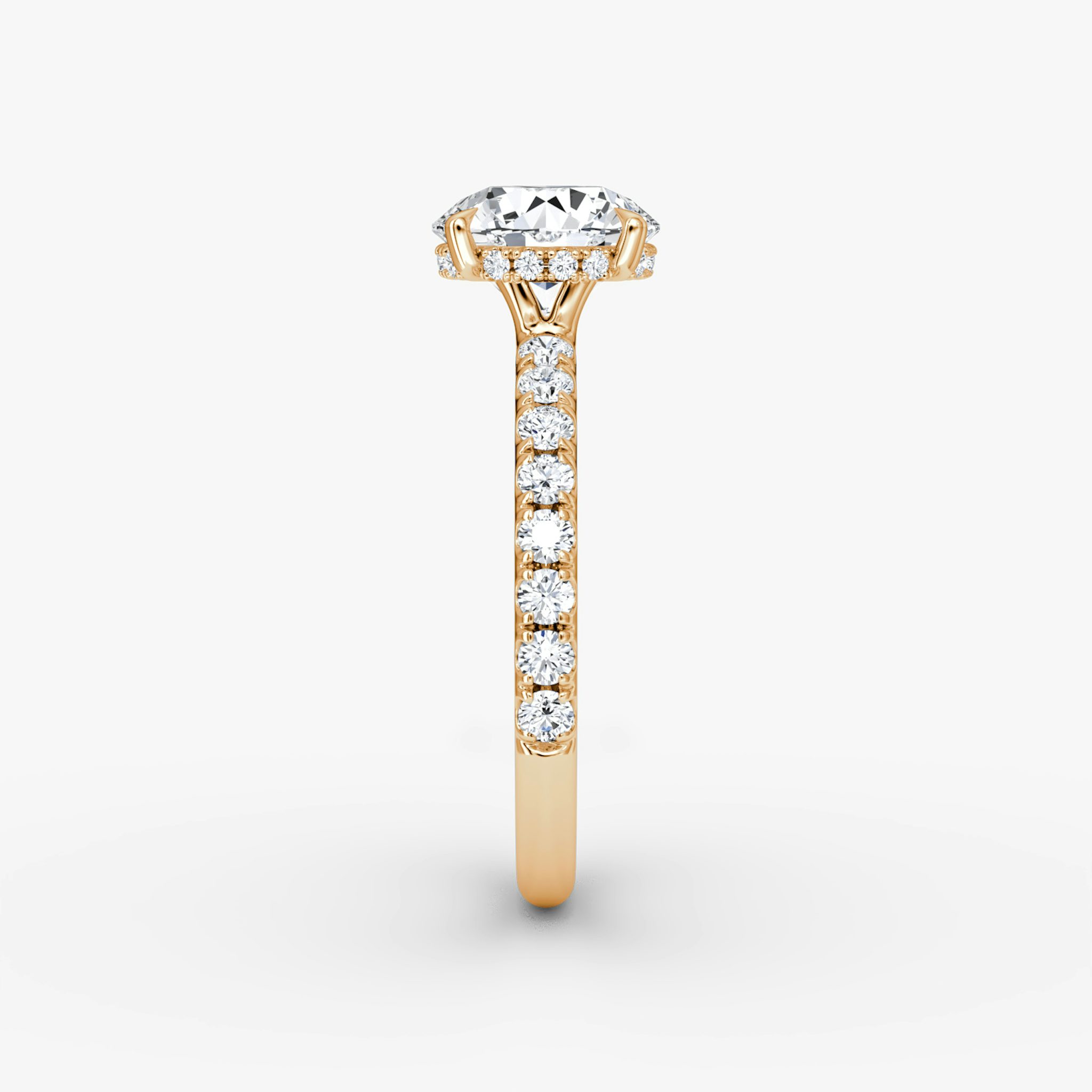 The Signature | Round Brilliant | 14k | Rose Gold | bandAccent: Pavé | bandWidth: large | caratWeight: other | hiddenHalo: yes | diamondOrientation: vertical