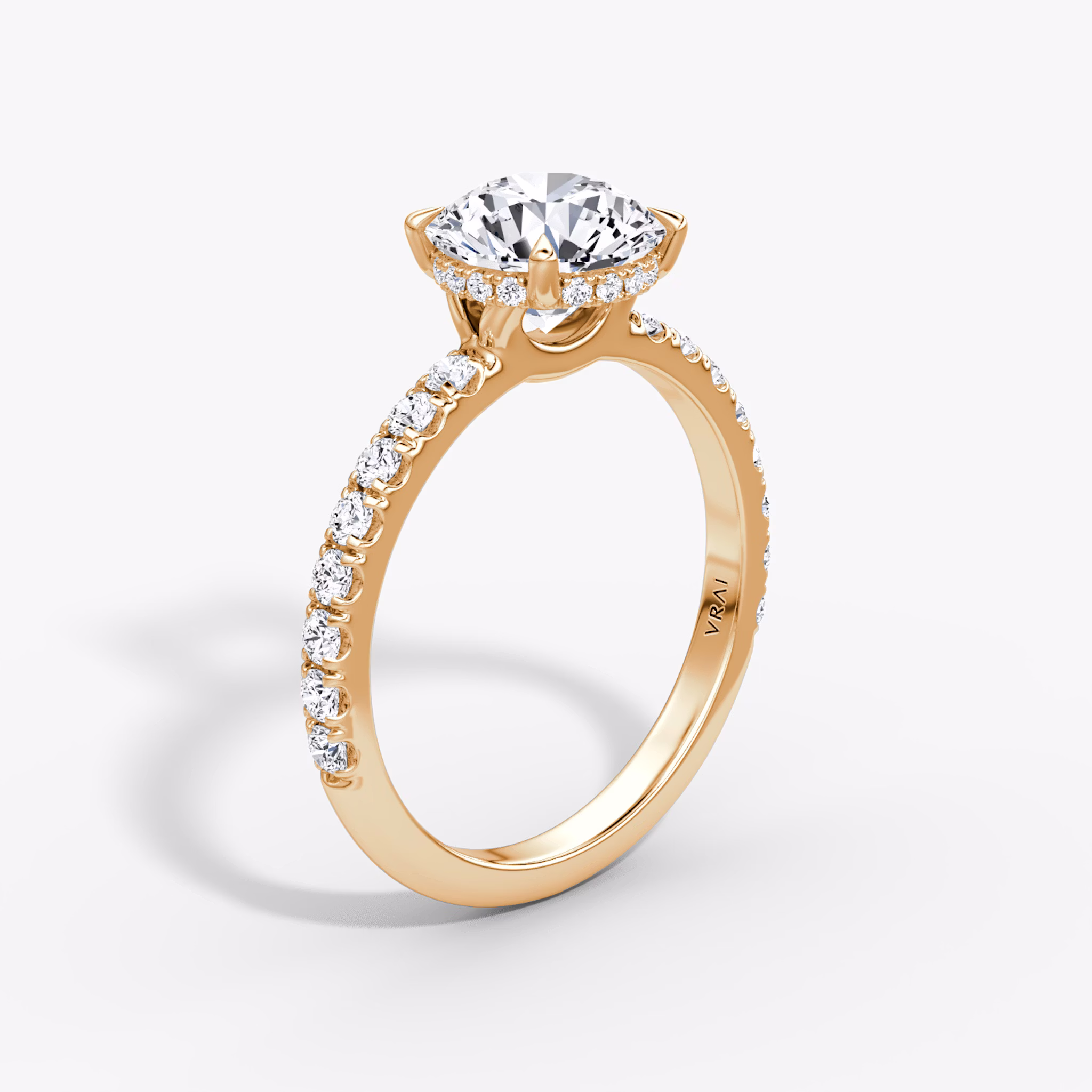 The Signature | Round Brilliant | 14k | Rose Gold | bandAccent: Pavé | bandWidth: large | caratWeight: other | hiddenHalo: yes | diamondOrientation: vertical