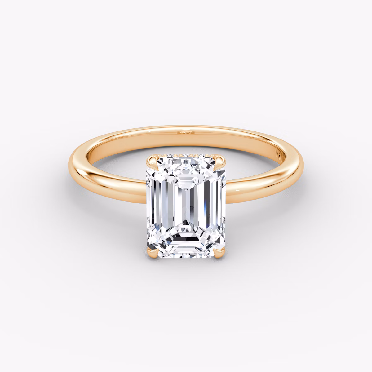 The Signature | Emerald | 14k | Rose Gold | bandAccent: Plain | bandWidth: large | hiddenHalo: yes | diamondOrientation: vertical | caratWeight: other