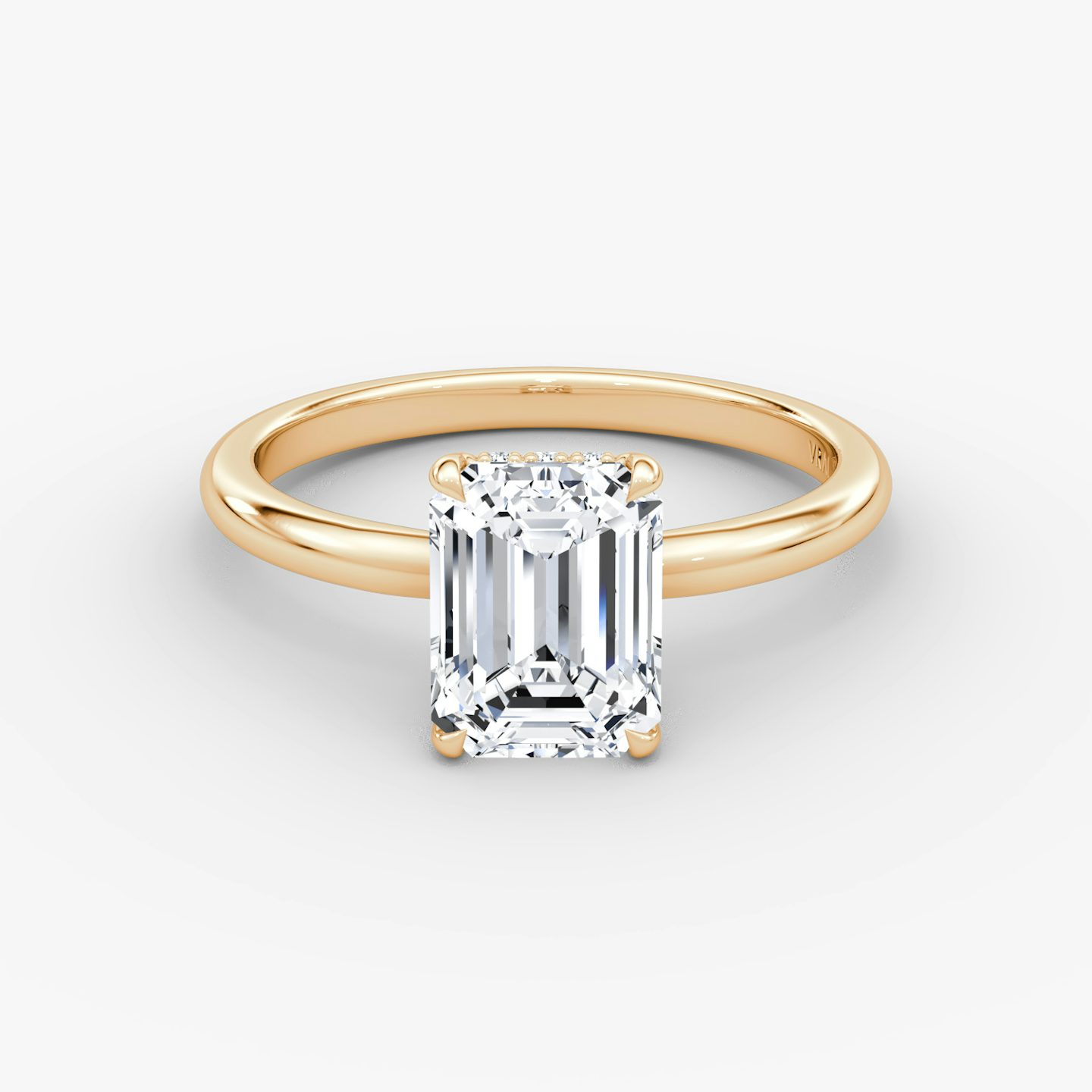 The Signature | Emerald | 14k | Rose Gold | bandAccent: Plain | bandWidth: large | hiddenHalo: yes | diamondOrientation: vertical | caratWeight: other