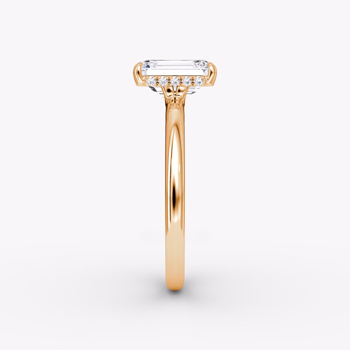 The Signature | Emerald | 14k | Rose Gold | bandAccent: Plain | bandWidth: large | hiddenHalo: yes | diamondOrientation: vertical | caratWeight: other