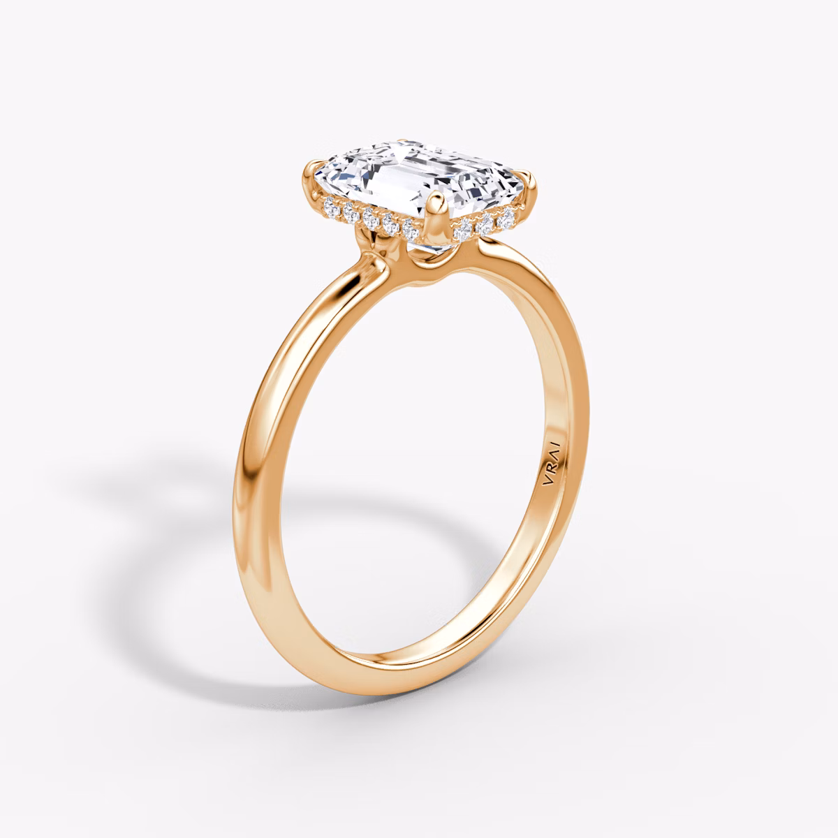 The Signature | Emerald | 14k | Rose Gold | bandAccent: Plain | bandWidth: large | hiddenHalo: yes | diamondOrientation: vertical | caratWeight: other