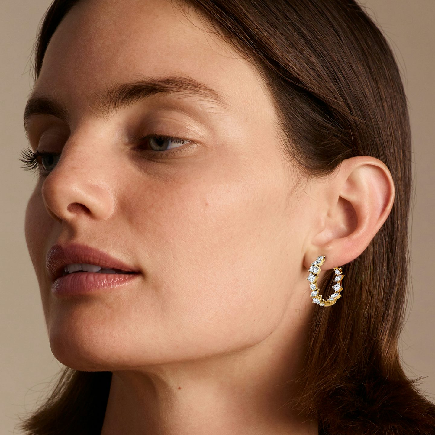 Mixed Shape Eternity Hoop | princess+emerald+marquise+round-brilliant | 14k | Yellow Gold