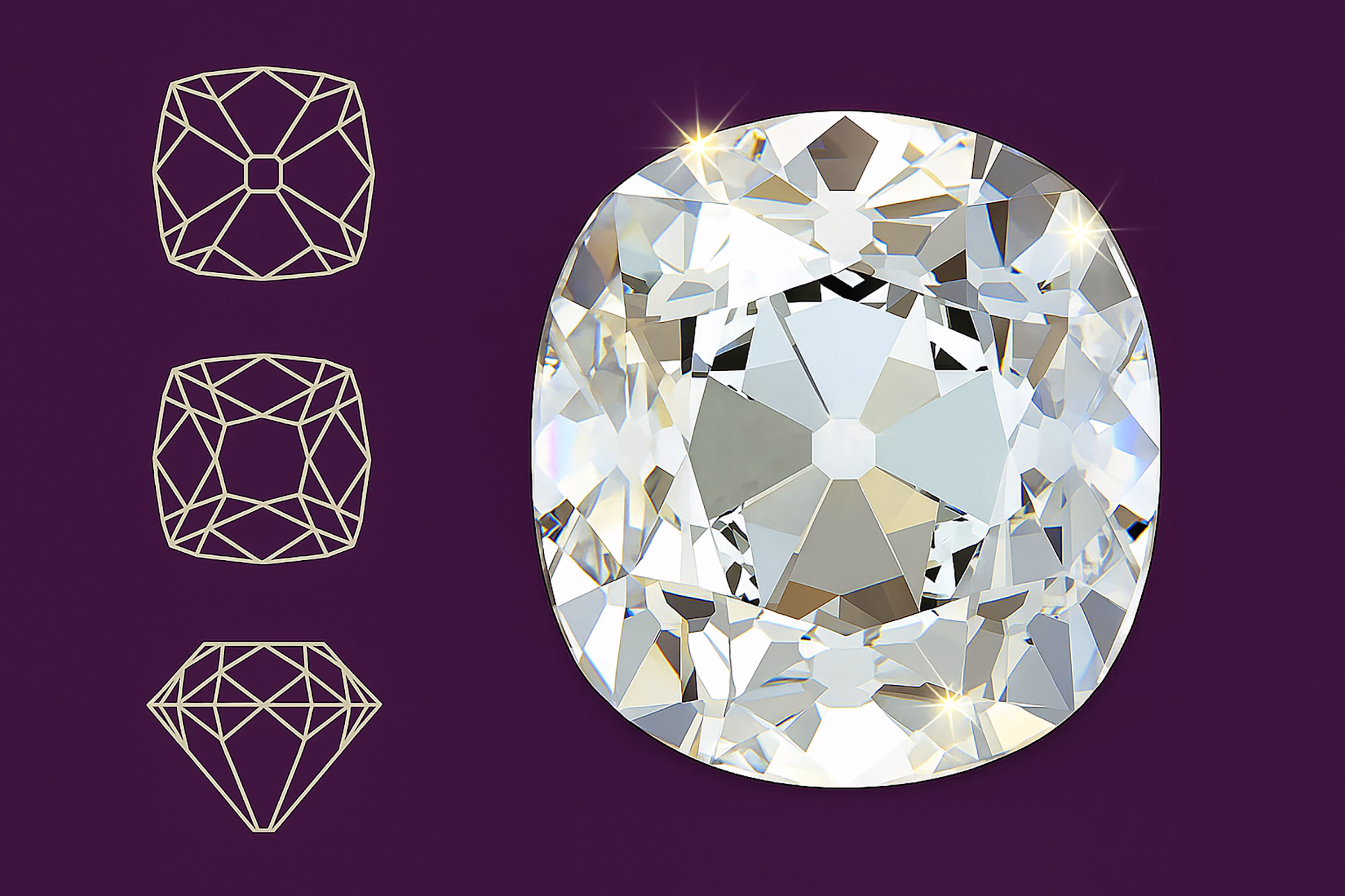 An illustration of an Old Mine Cut diamond from the bottom, top, and side; against a deep purple background.