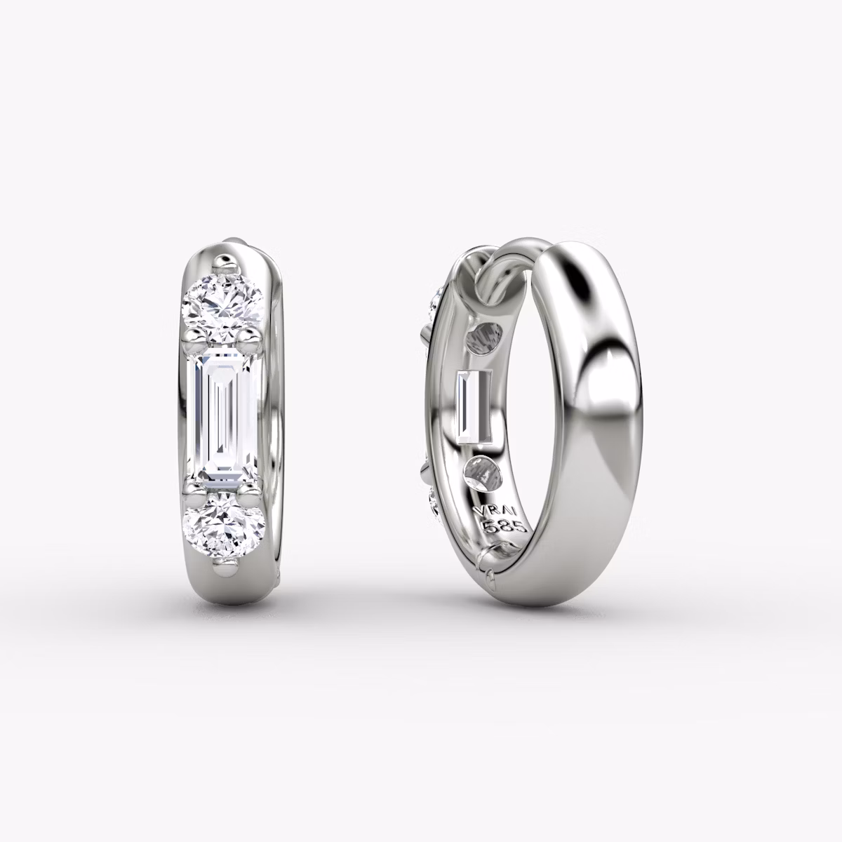 Three Stone Huggie Hoop | Round Brilliant | 14k | White Gold