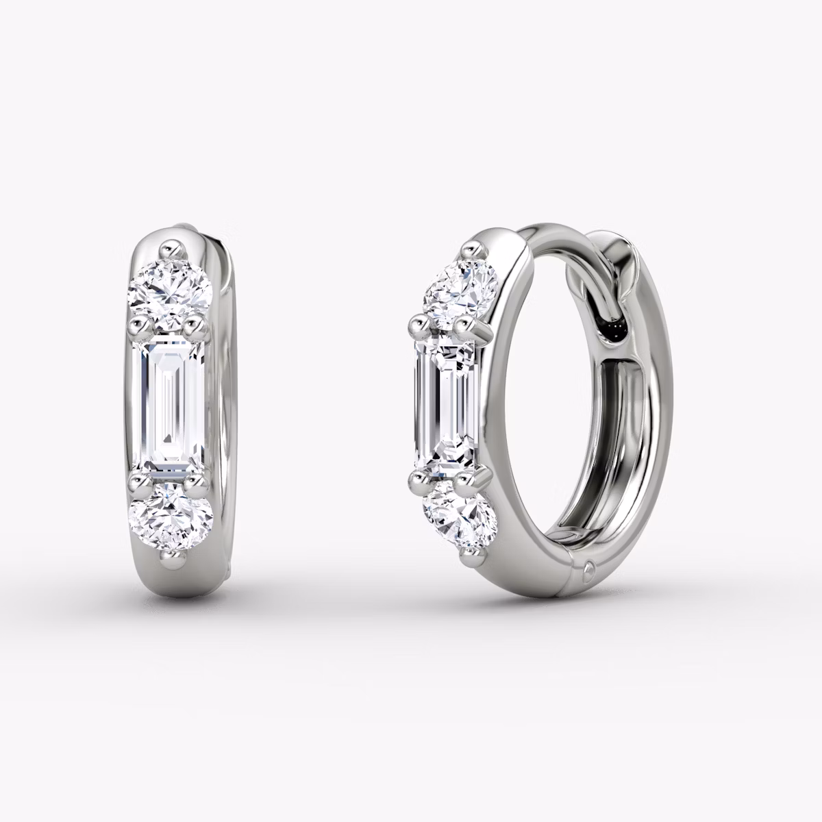 Three Stone Huggie Hoop | Round Brilliant | 14k | White Gold