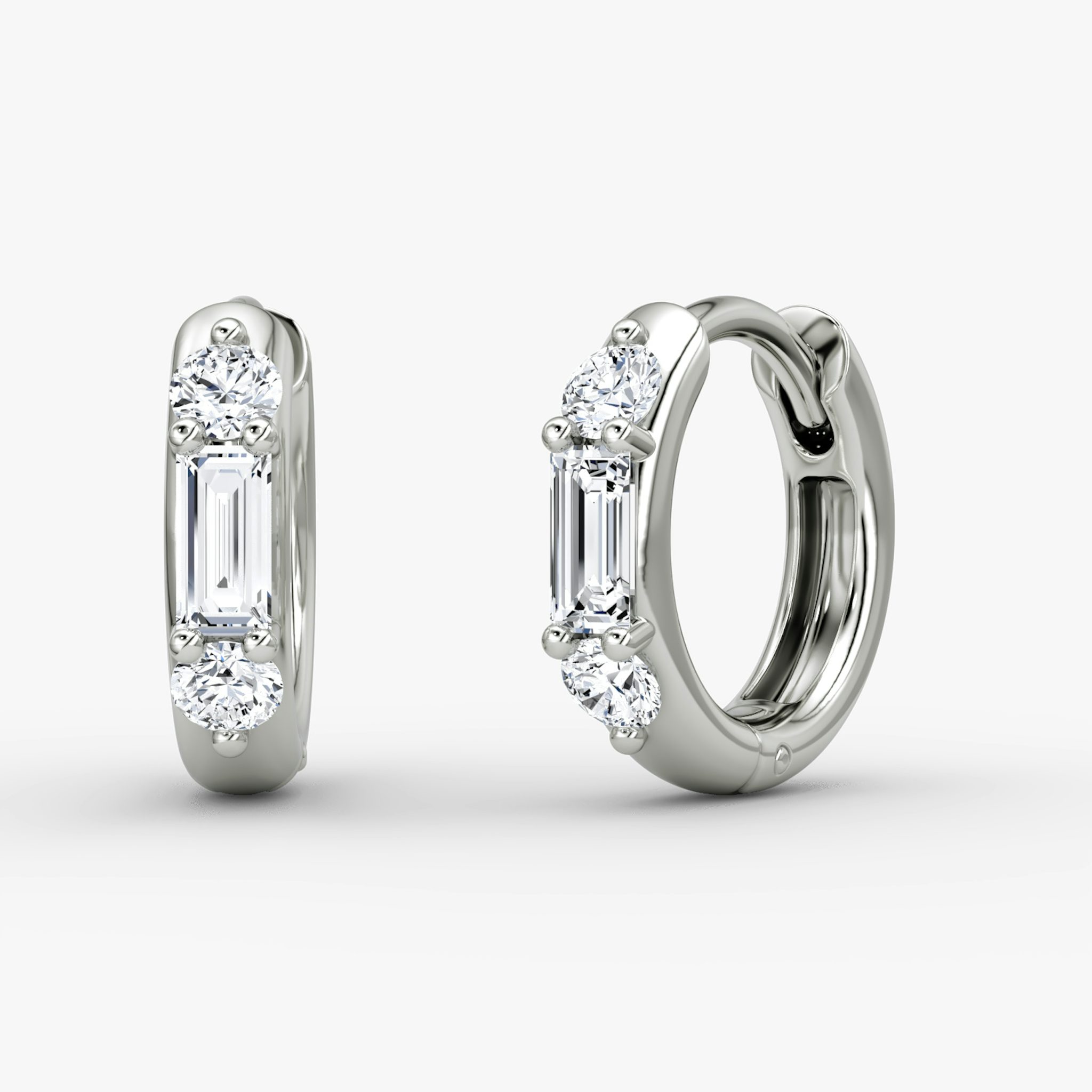 Three Stone Huggie Hoop | Round Brilliant | 14k | White Gold