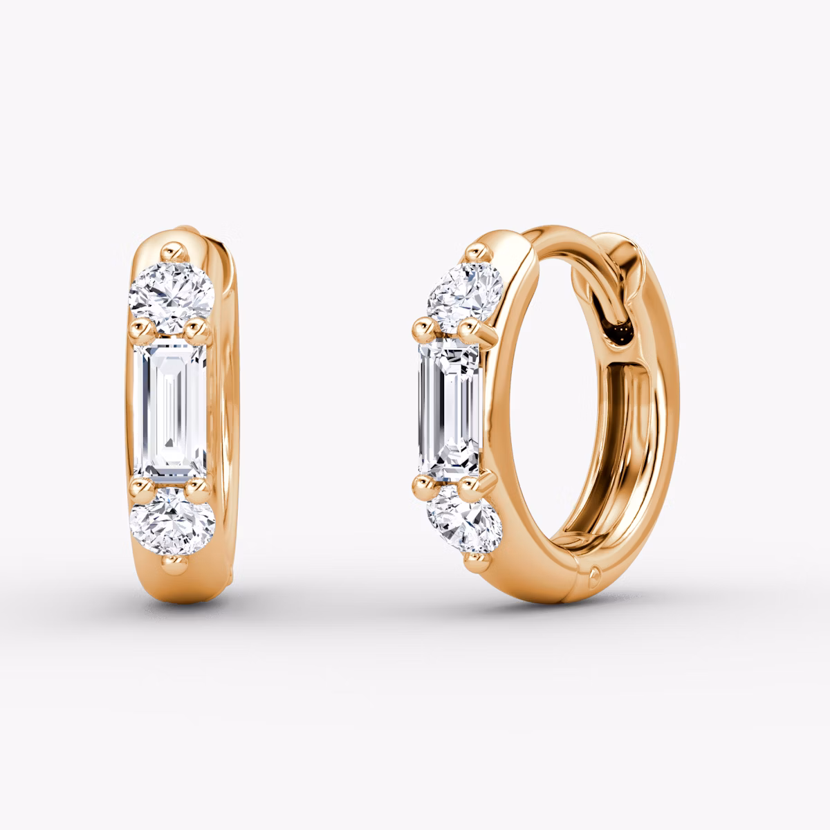 Three Stone Huggie Hoop | Round Brilliant | 14k | Rose Gold