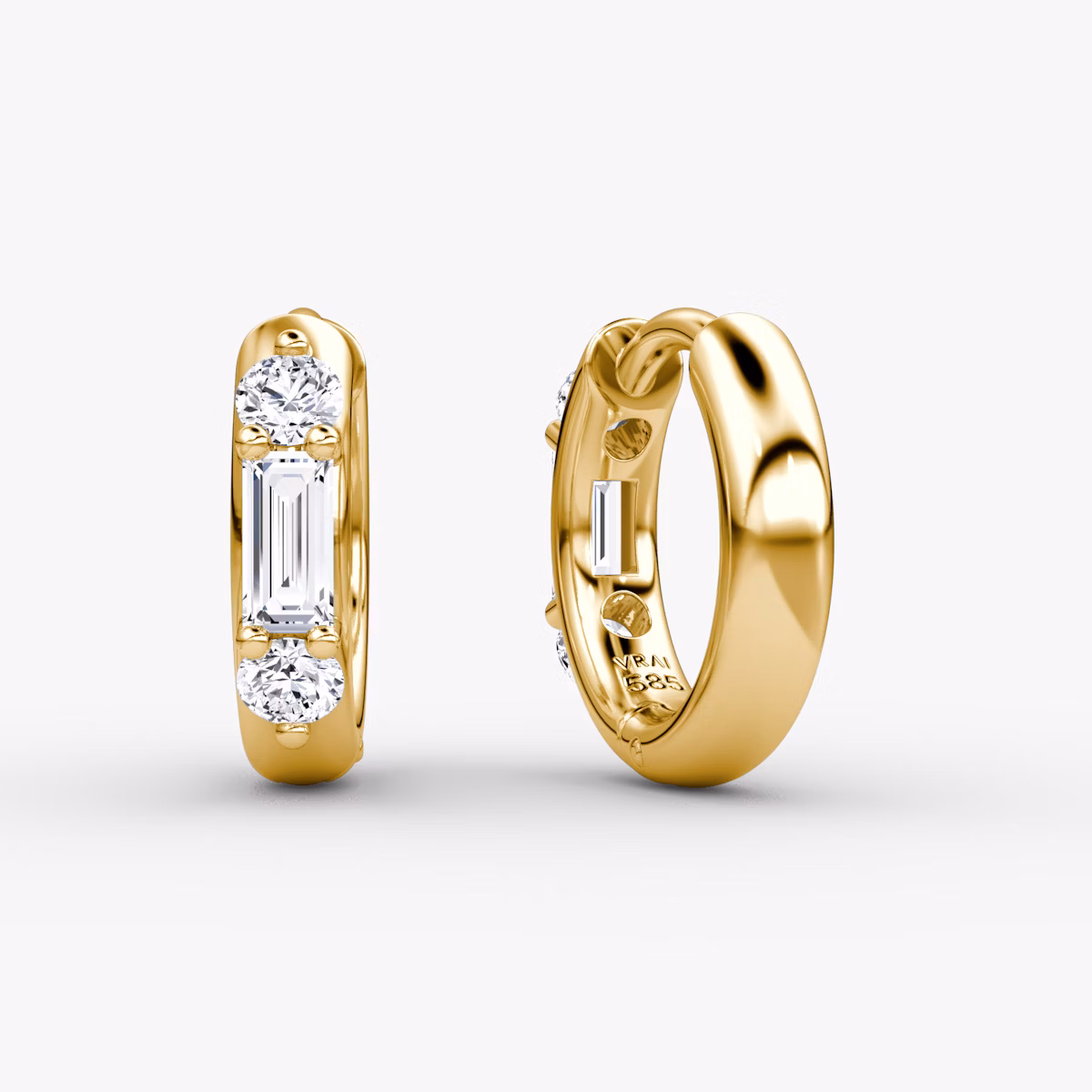 Three Stone Huggie Hoop | Round Brilliant | 14k | Yellow Gold