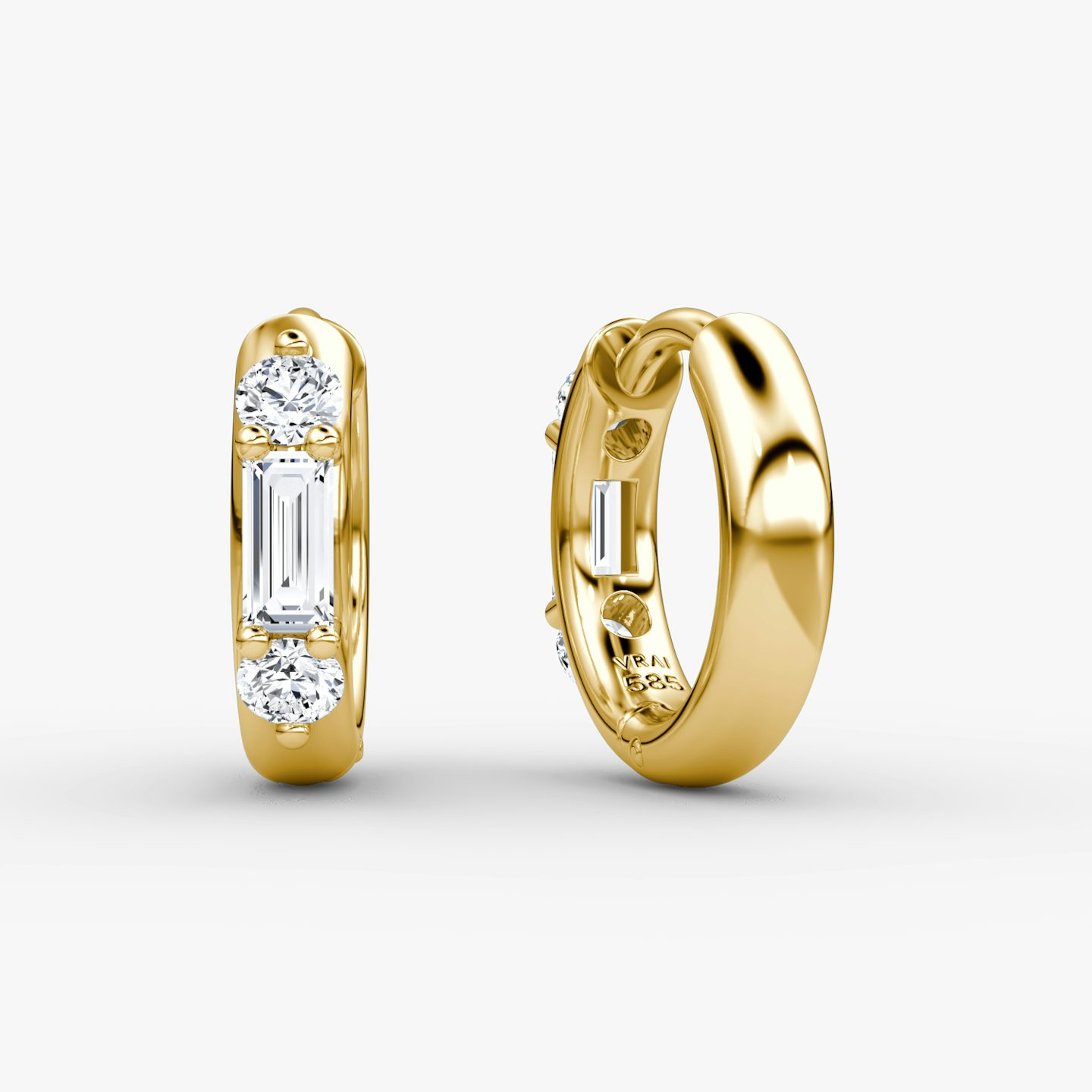 Three Stone Huggie Hoop | Round Brilliant | 14k | Yellow Gold