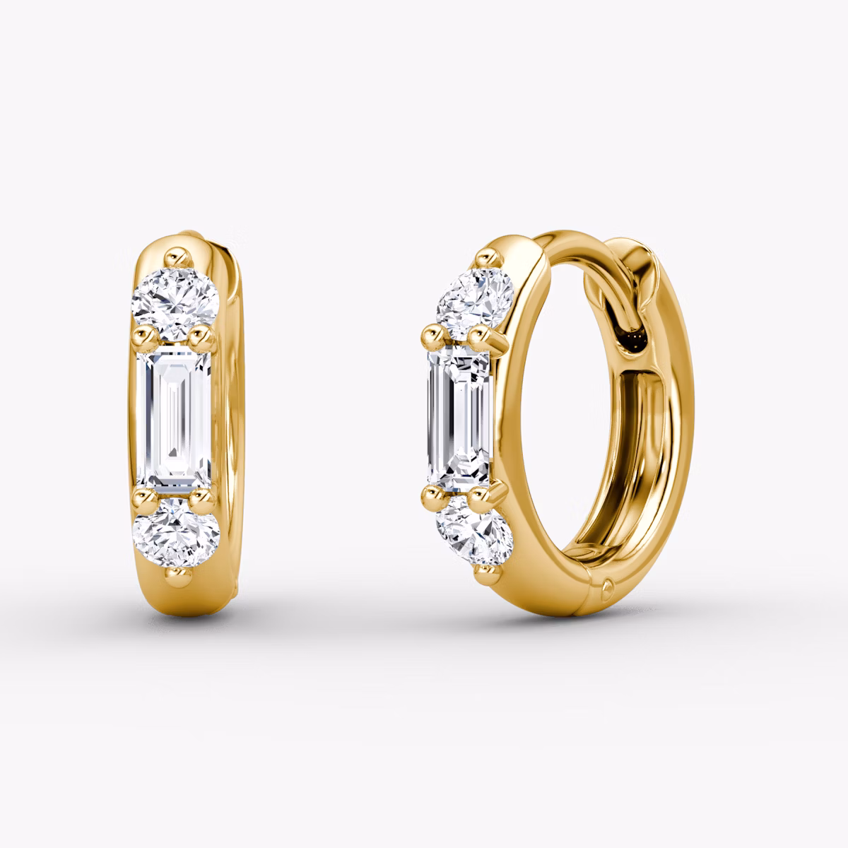 Three Stone Huggie Hoop | Round Brilliant | 14k | Yellow Gold