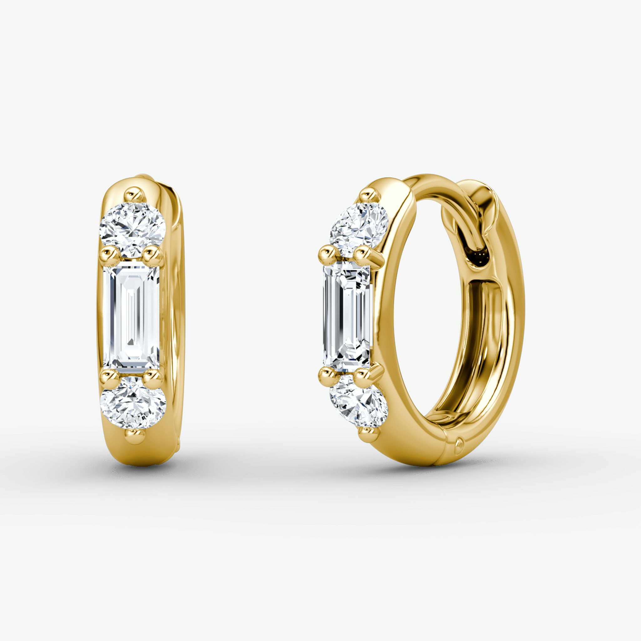 Three Stone Huggie Hoop | Round Brilliant | 14k | Yellow Gold