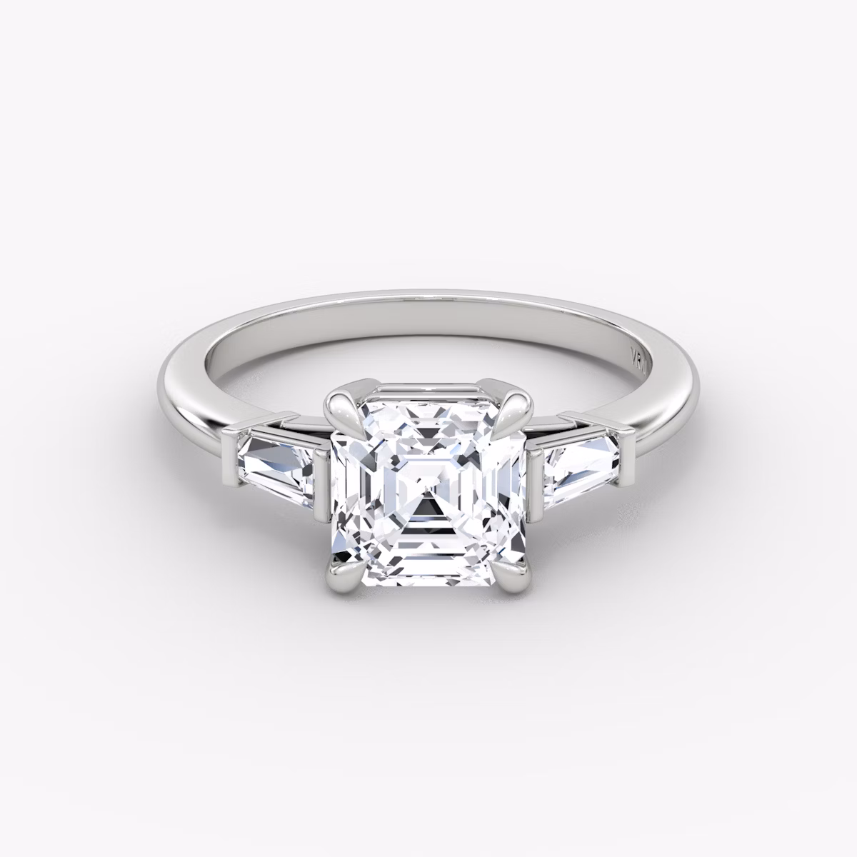 The Tapered Baguette Three Stone | Asscher | Platinum | bandAccent: Plain | caratWeight: 1.0ct | excludeFromFeed: null | diamondOrientation: vertical
