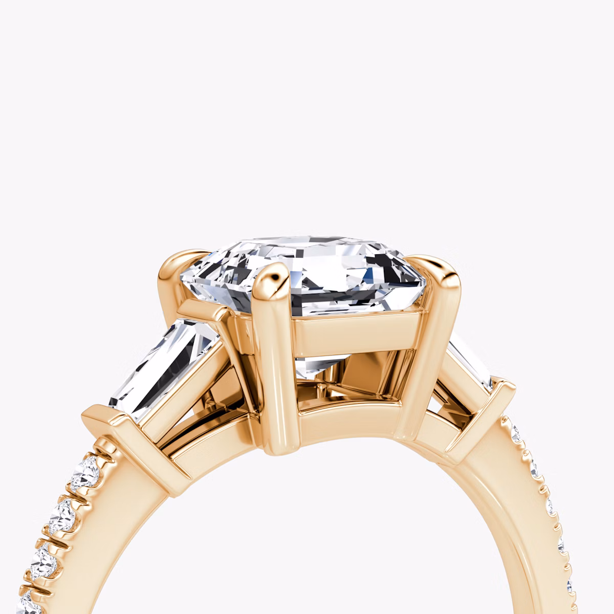 The Tapered Baguette Three Stone | Asscher | 14k | Rose Gold | bandAccent: Pavé | caratWeight: 1.0ct | excludeFromFeed: null | diamondOrientation: vertical