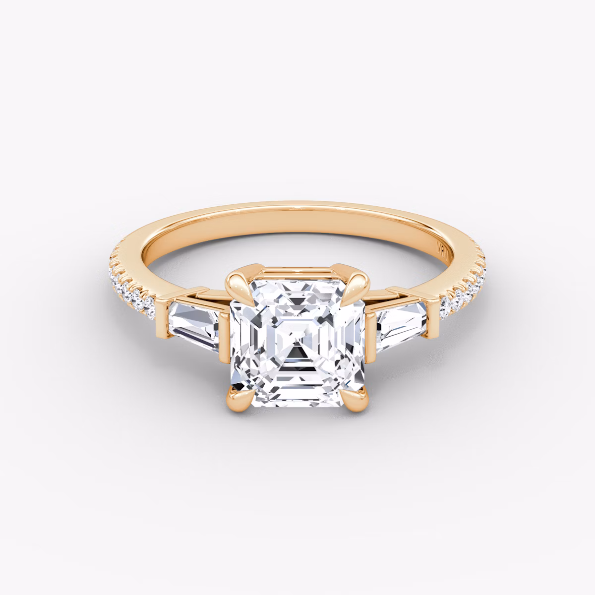 The Tapered Baguette Three Stone | Asscher | 14k | Rose Gold | bandAccent: Pavé | caratWeight: 1.0ct | excludeFromFeed: null | diamondOrientation: vertical