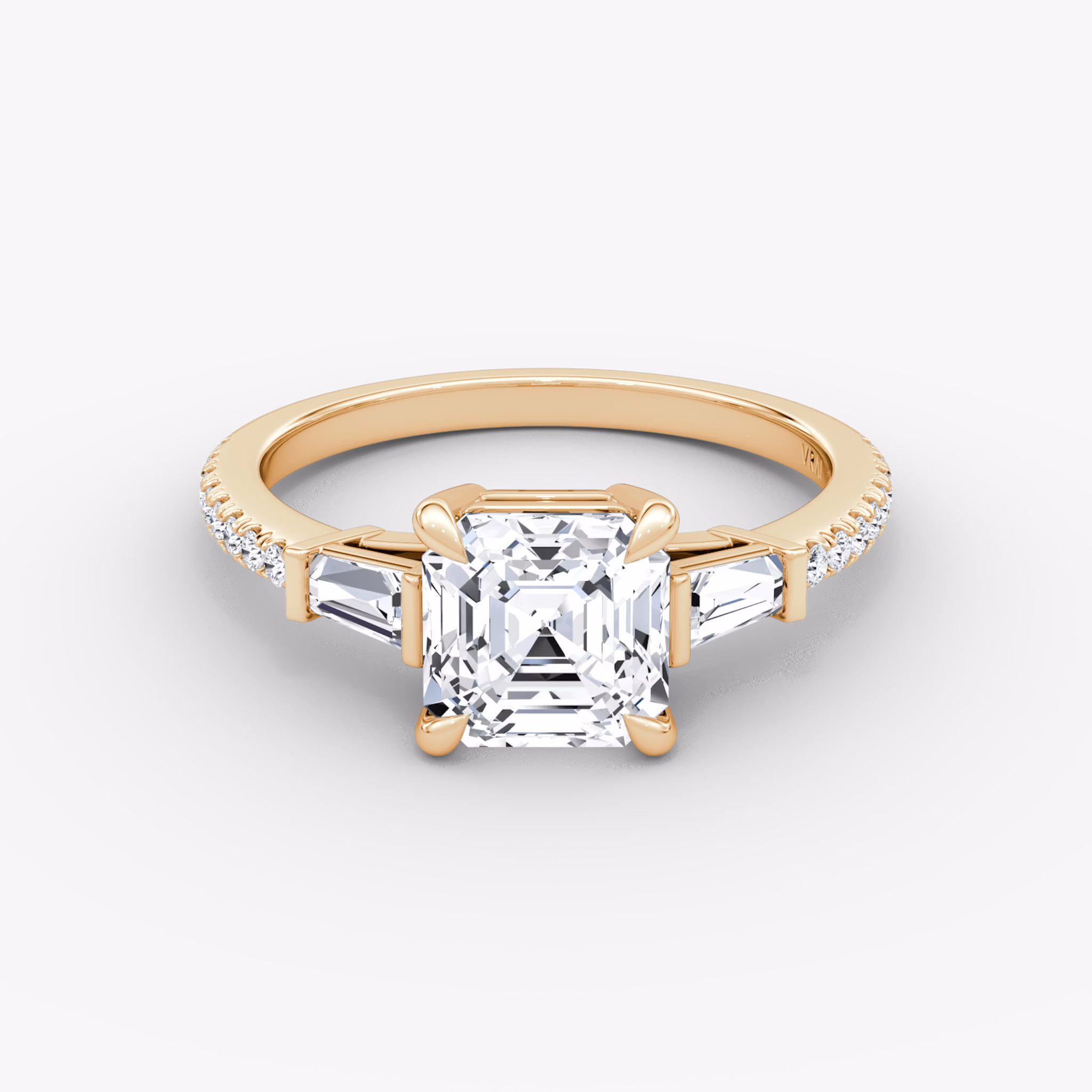 The Tapered Baguette Three Stone | Asscher | 14k | Rose Gold | bandAccent: Pavé | excludeFromFeed: null | diamondOrientation: vertical | caratWeight: other
