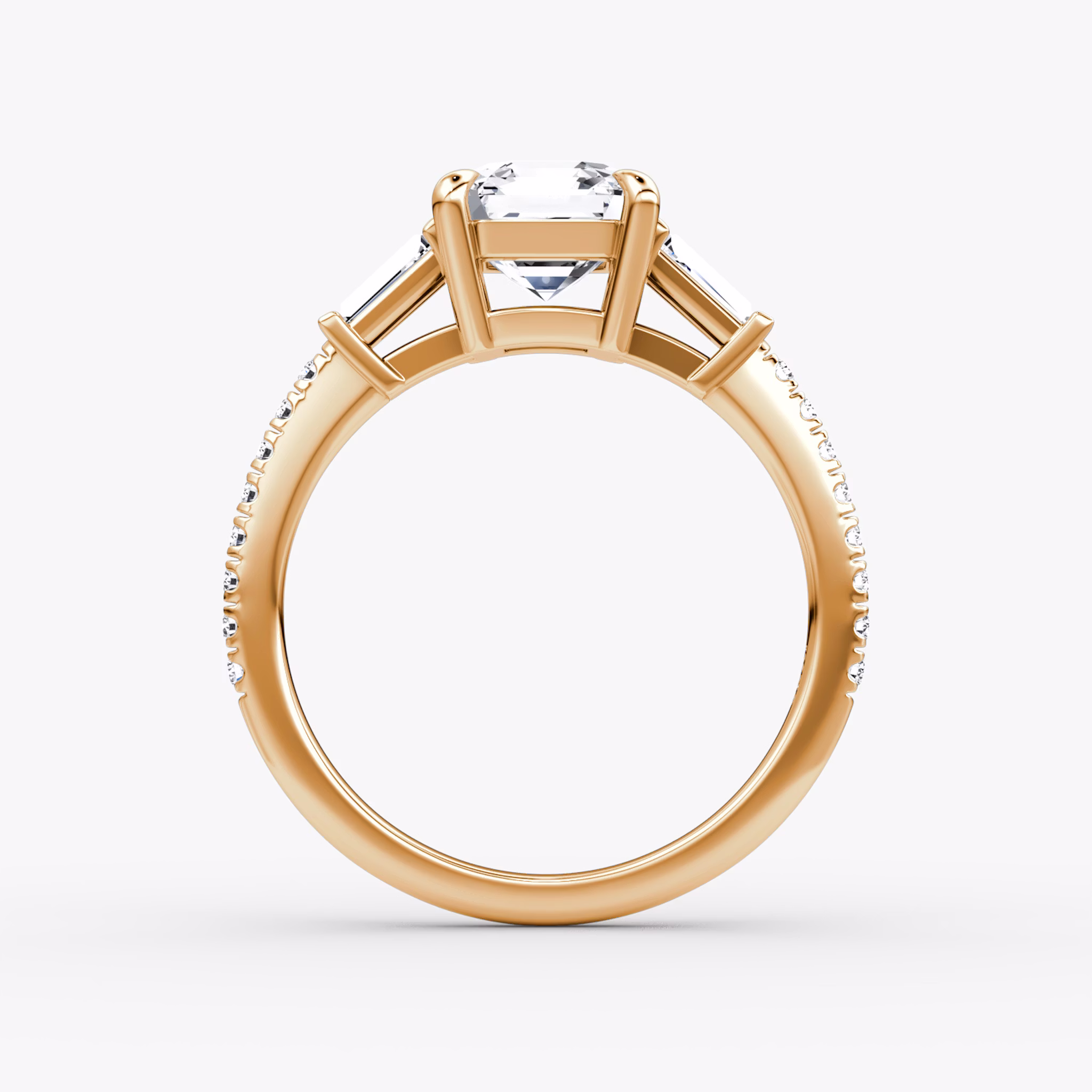 The Tapered Baguette Three Stone | Asscher | 14k | Rose Gold | bandAccent: Pavé | excludeFromFeed: null | diamondOrientation: vertical | caratWeight: other