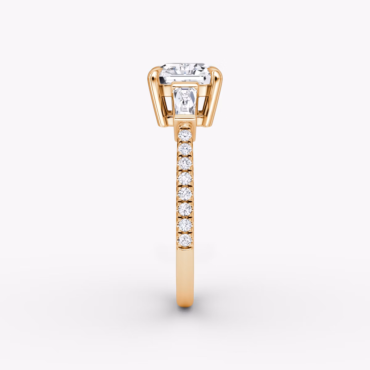 The Tapered Baguette Three Stone | Asscher | 14k | Rose Gold | bandAccent: Pavé | caratWeight: 1.0ct | excludeFromFeed: null | diamondOrientation: vertical