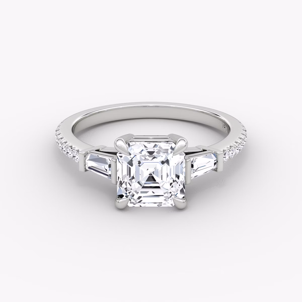The Tapered Baguette Three Stone | Asscher | 18k | White Gold | bandAccent: Pavé | caratWeight: 1.0ct | excludeFromFeed: null | diamondOrientation: vertical