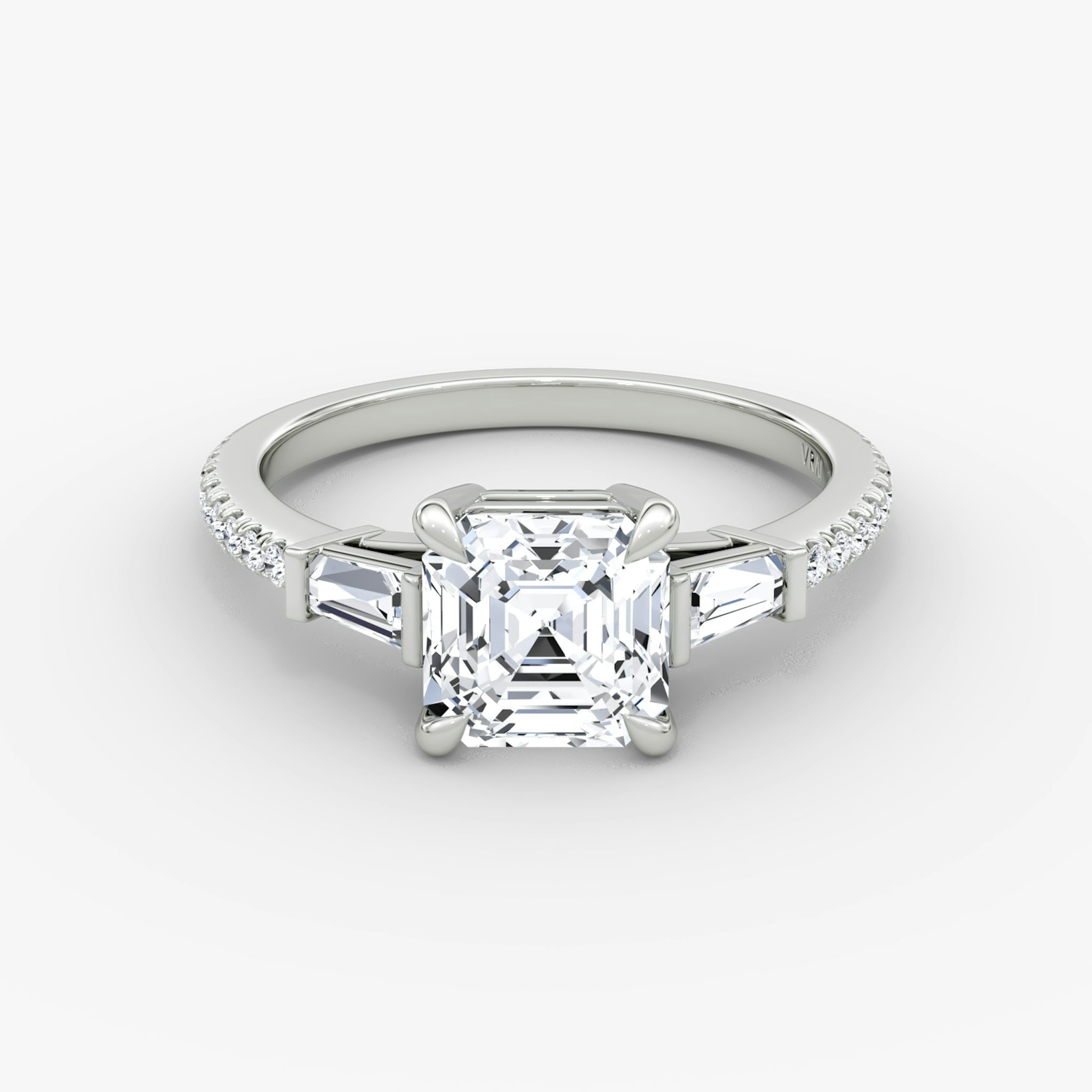 The Tapered Baguette Three Stone | Asscher | 18k | White Gold | bandAccent: Pavé | excludeFromFeed: null | diamondOrientation: vertical | caratWeight: other