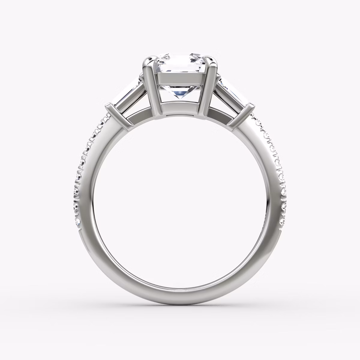 The Tapered Baguette Three Stone | Asscher | 18k | White Gold | bandAccent: Pavé | caratWeight: 1.0ct | excludeFromFeed: null | diamondOrientation: vertical